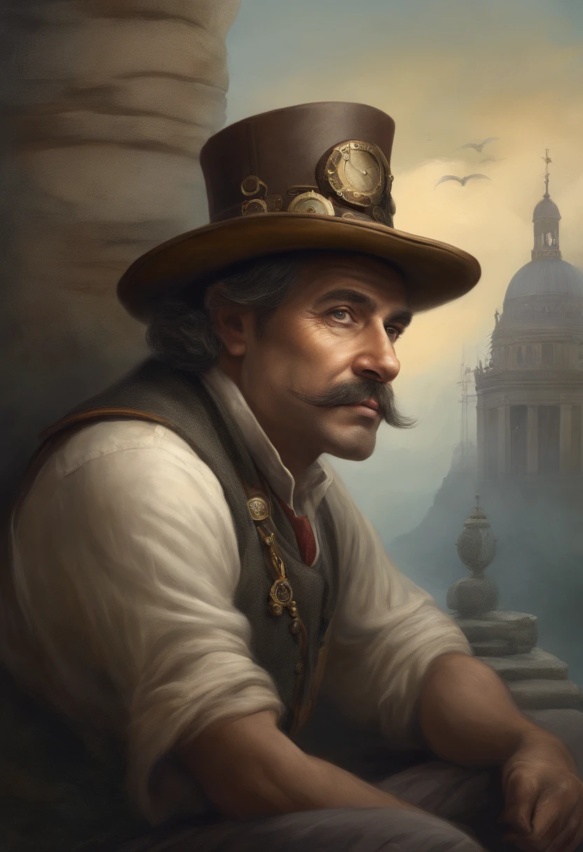 Steampunk man with a hat. homem maduro, sitting in a meditation position, diante de um orisonte lindo, com o sol se pondo, in connection with the divine, foto de retrato, Directed by: Drew Tucker, Directed by: Adam Marczyński, Directed by: Alexander Kucharsky, Directed by: Gavin Nolan, Surrealismo 8K, Directed by: Jason Felix, Yuri Shwedoff e Tom Bagshaw, arte ilustrativa, Estilo Erik Johansson