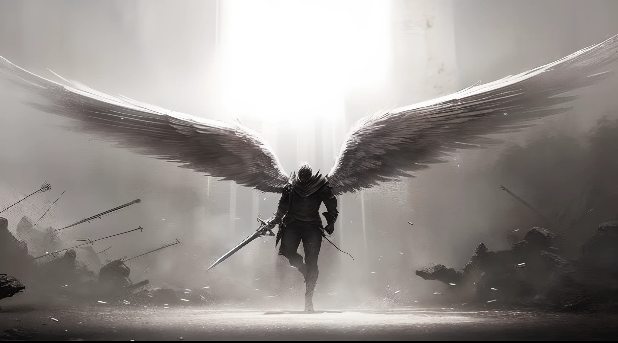 Fallen Angel Cosmigo, Biomechanicals, estranho, assustador, light particles, com luz brilhante, roupas medievais
