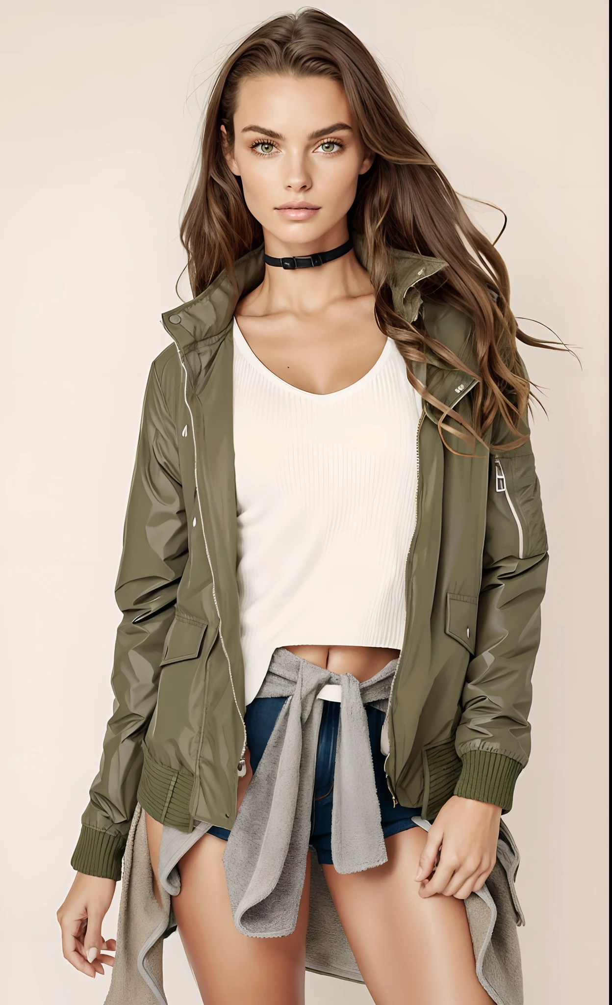 uma mulher linda vestindo uma jaqueta verde e camisa xadrez, jaqueta bomber colorida verde, vestindo jaqueta verde, vestindo jaqueta bomber verde escuro, jaqueta bomber, wearing jacket, vestindo uma jaqueta bomber, suit jacket, encapuzado, vestindo uma jaqueta de aviador, in tennis coat, jaqueta aberta, army girl outfit, verde oliva, usando capuz,  vestindo capuz, jaqueta sobre tronco nu, jaqueta curta