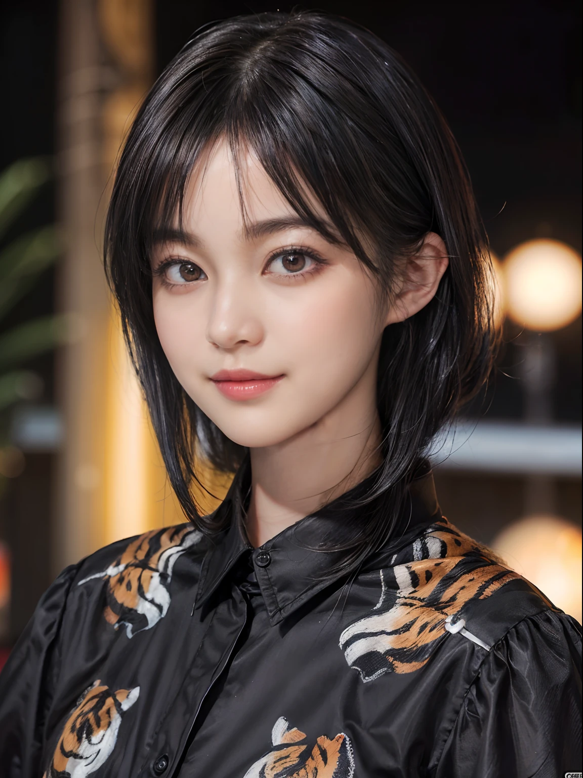 03
(Black Shorthair:1.3), (a 20 yo woman), (A hyper-realistic), (masutepiece), (8KUHD), Looking at the camera, Beautiful woman, A smile, (Tiger Design Clothing)
