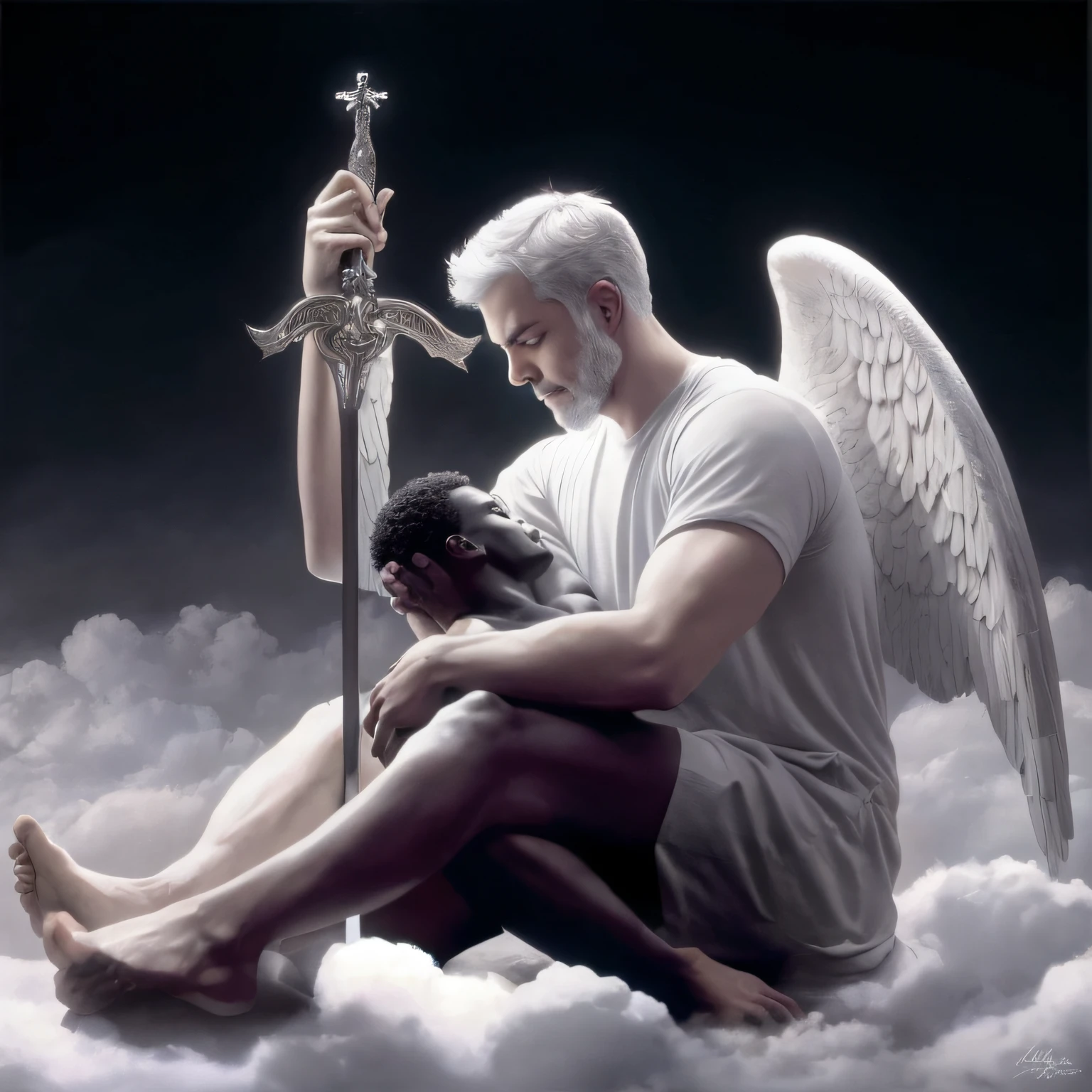 There is a man sitting on a cloud with a sword and a black man, anjo protegendo o homem, anjo assistindo homem negro de cabelo preto liso, anjo, angelic, heaven on earth, eros and thanatos, biblical accurate angel, beautiful angle, um anjo, Jovem Anjo Wan, holy sword in his hands, inspirado em Thomas Blackshear, anjo protegendo o homem, angelic, angels protecting a praying man. foto realista