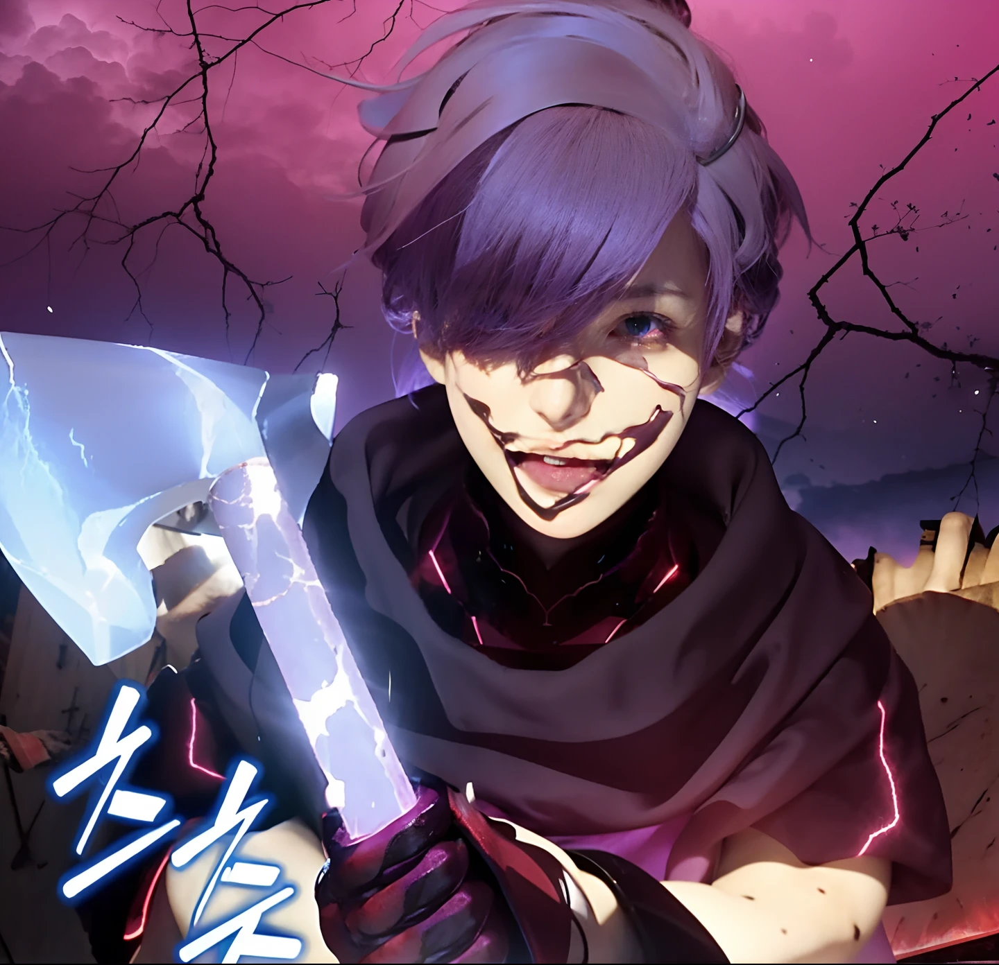 Anime characters Realistic, Purple background with thunder and fire, holding an ax in one hand,eyes glow pink