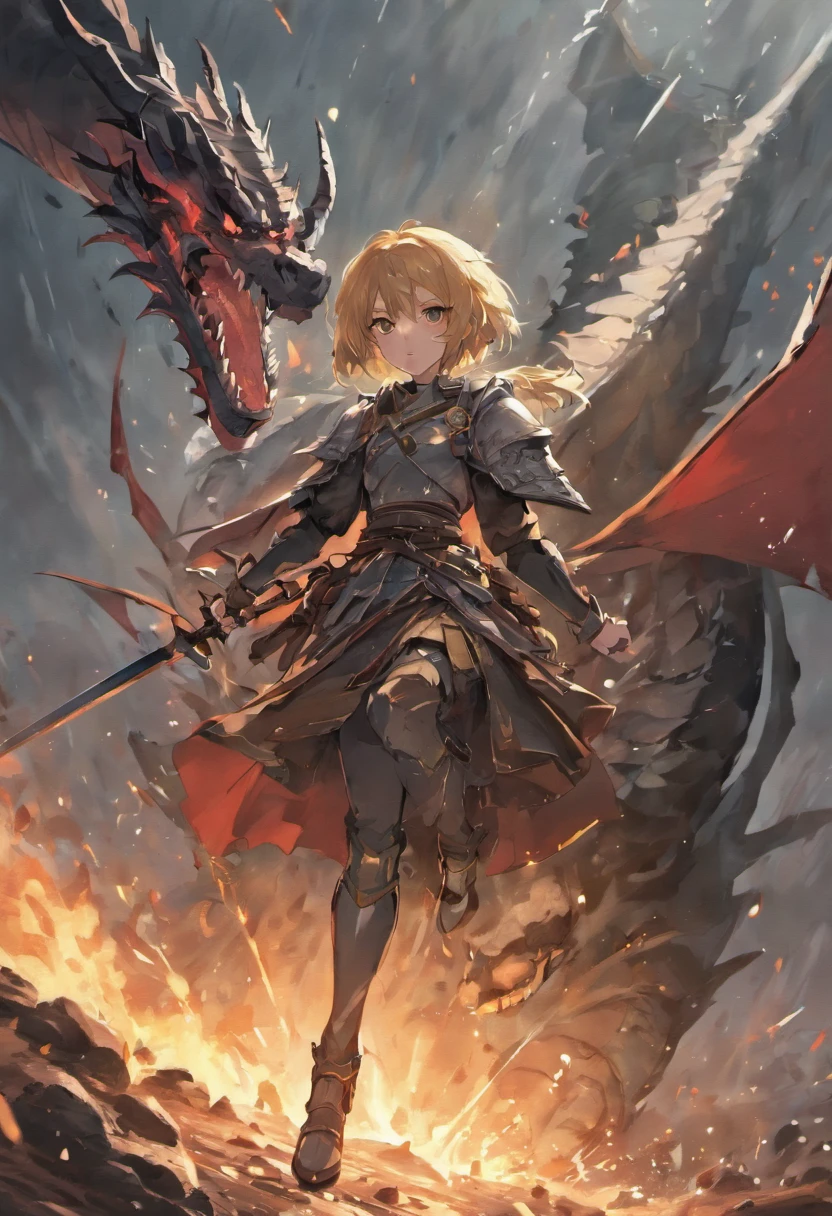 dragon-riding, guy, longsword, silver-armor, bloody, war, battlefield, smoking-background, rain, cloudly, storm, horror, masterpiece, explosion-background, clashing-sword, dense