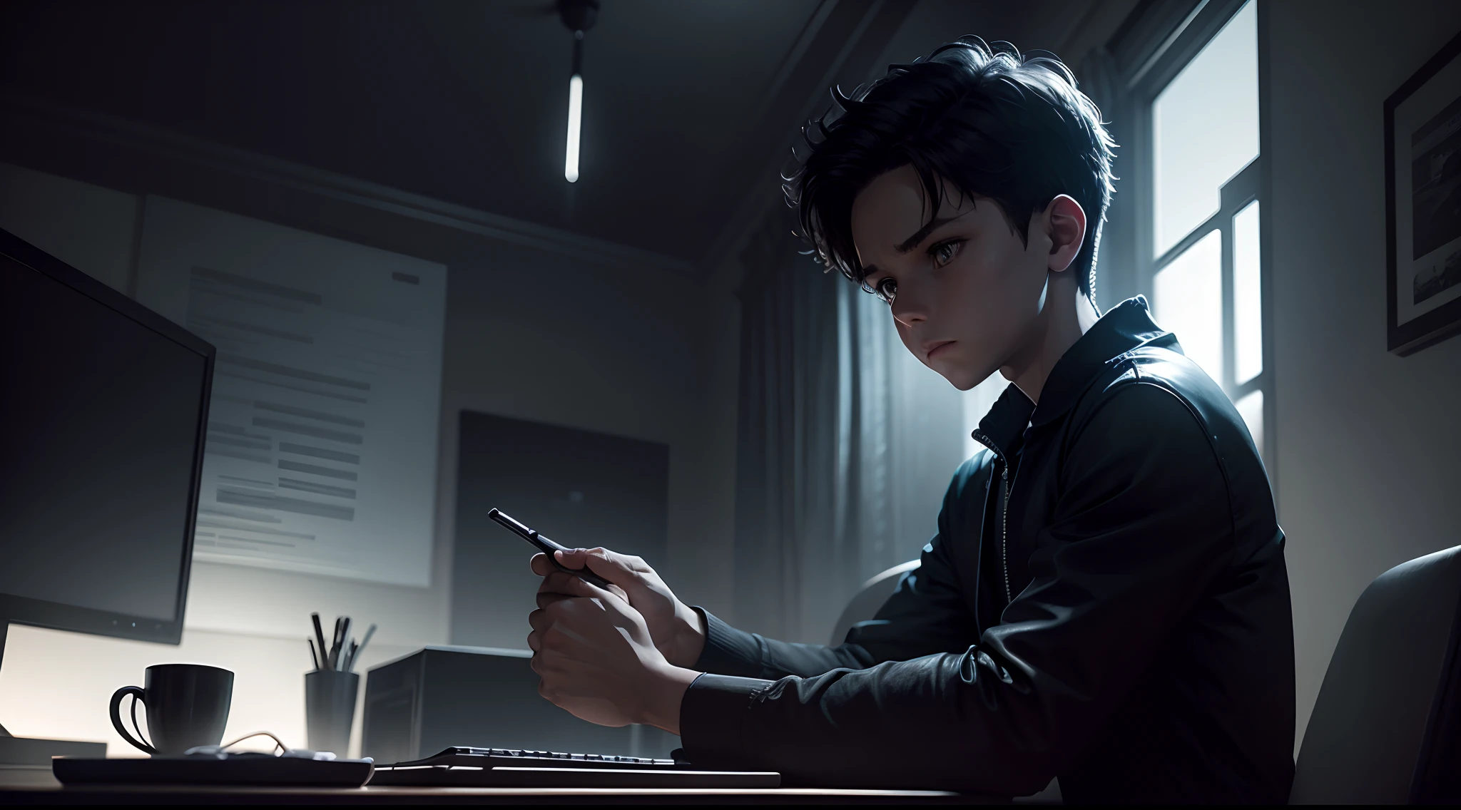 Dark, moody, cinematic, concept, a boy sit on desktop, 4k,ultra-detailed, realistic