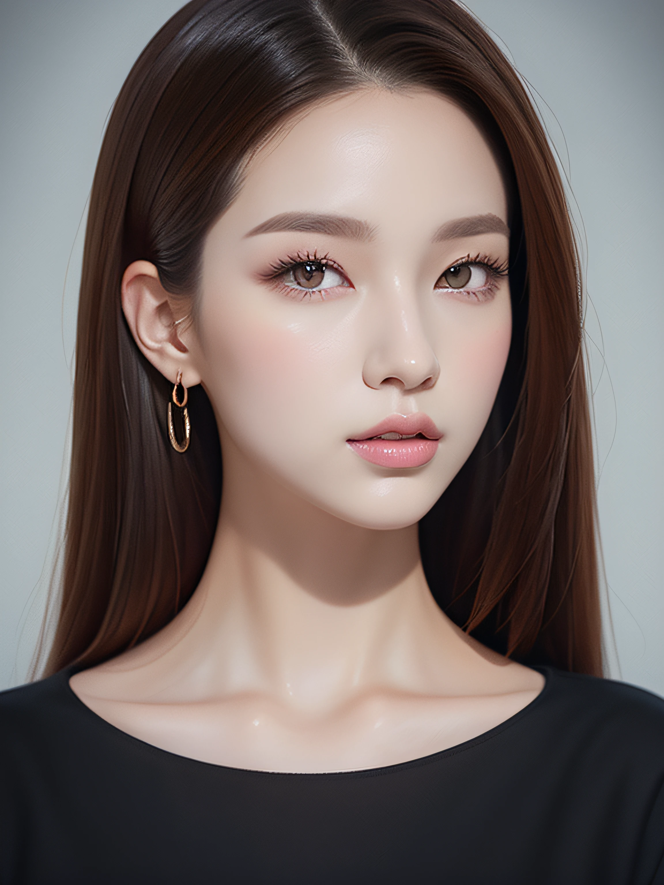 A woman with long hair wearing a black top and earrings - SeaArt AI