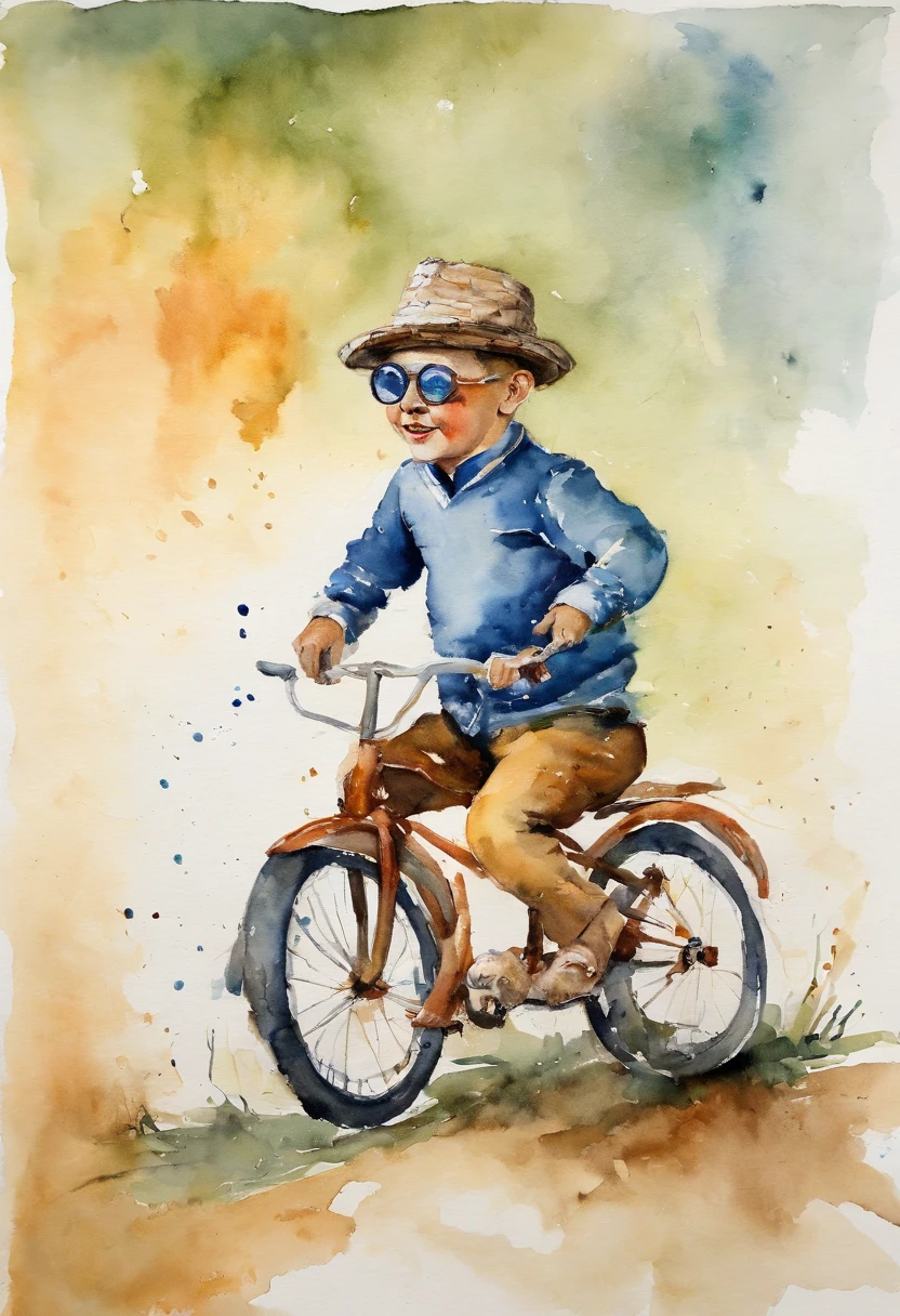 Salvadore Dali boy riding a bike wearing a hat and goggles