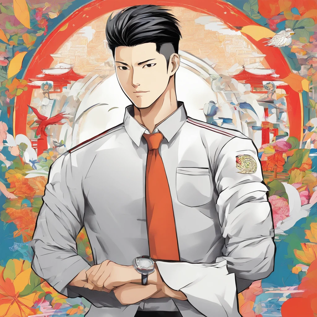 An attractive 40-year-old Chinese, Have a very well-fitting body. He has short black hair and a shaved beard. He wears a tight office uniform.