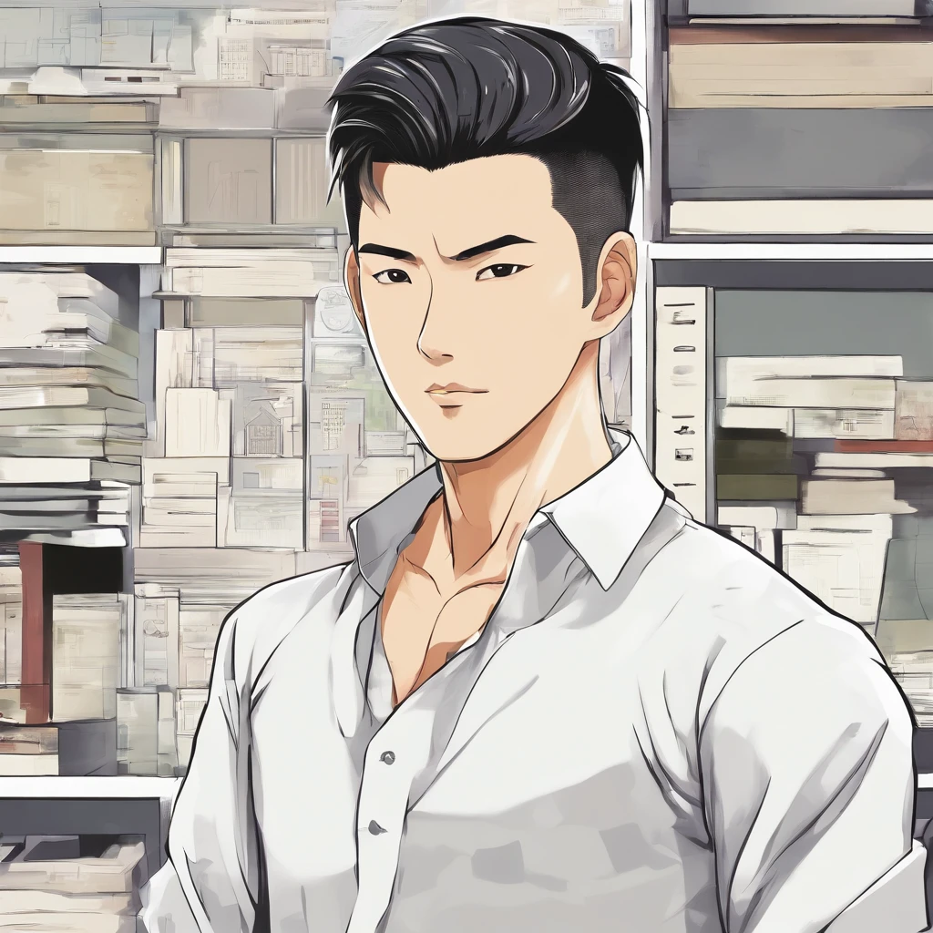 An attractive 40-year-old Chinese, Have a very well-fitting body. He has short black hair and a shaved beard. He wears a tight office uniform.