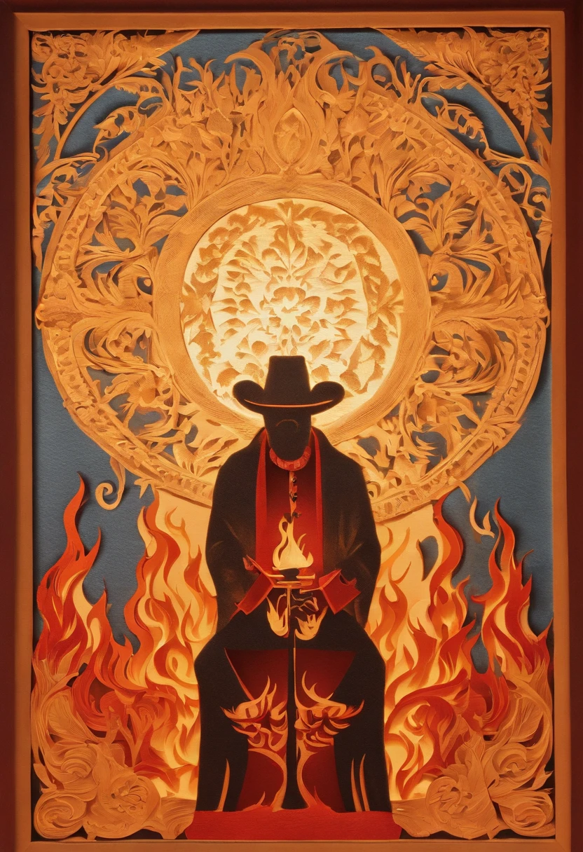 Best Quality, Top image quality, Top resolution, Intricate details, Craftsmanship, (Papercut:1.3), The work of a magician with fire magic, Ring of Fire, diablo engulfed in flames, Cutting framed paper, Museum, Protruding from the flame of the flame, Actual Paper Burning, fire, Real Fire