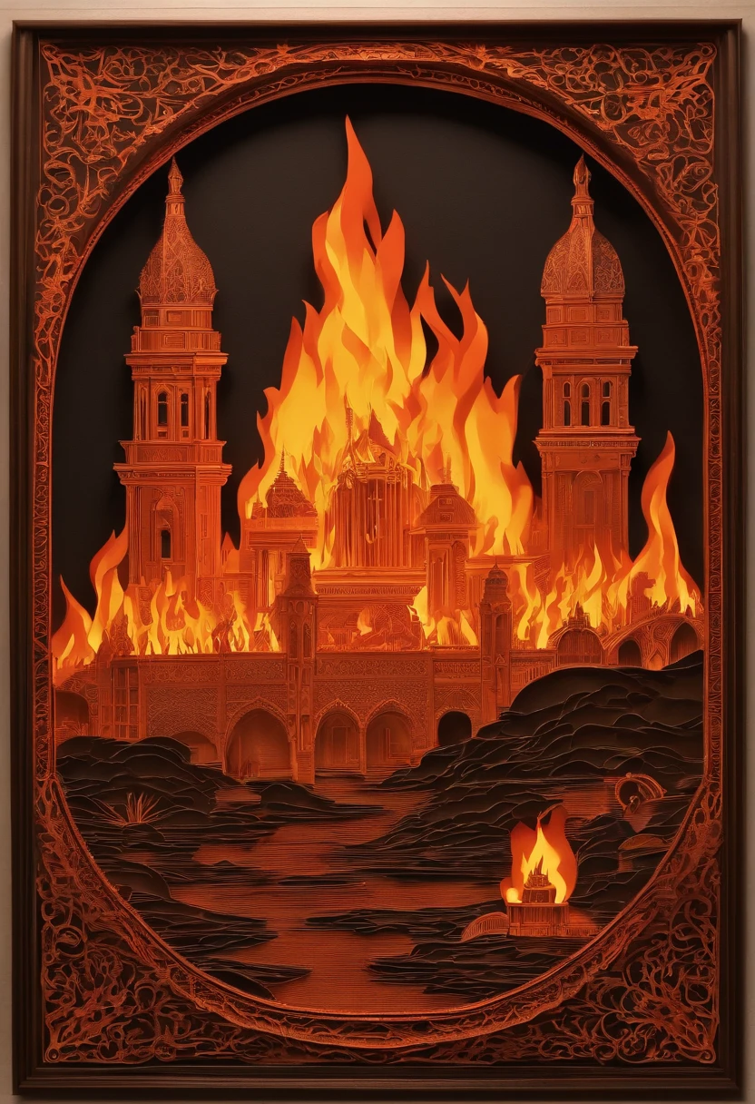 Best Quality, Top image quality, Top resolution, Intricate details, Craftsmanship, (Papercut:1.3), The work of a magician with fire magic, Ring of Fire, diablo engulfed in flames, Cutting framed paper, Museum, Protruding from the flame of the flame, Actual Paper Burning, fire, Real Fire