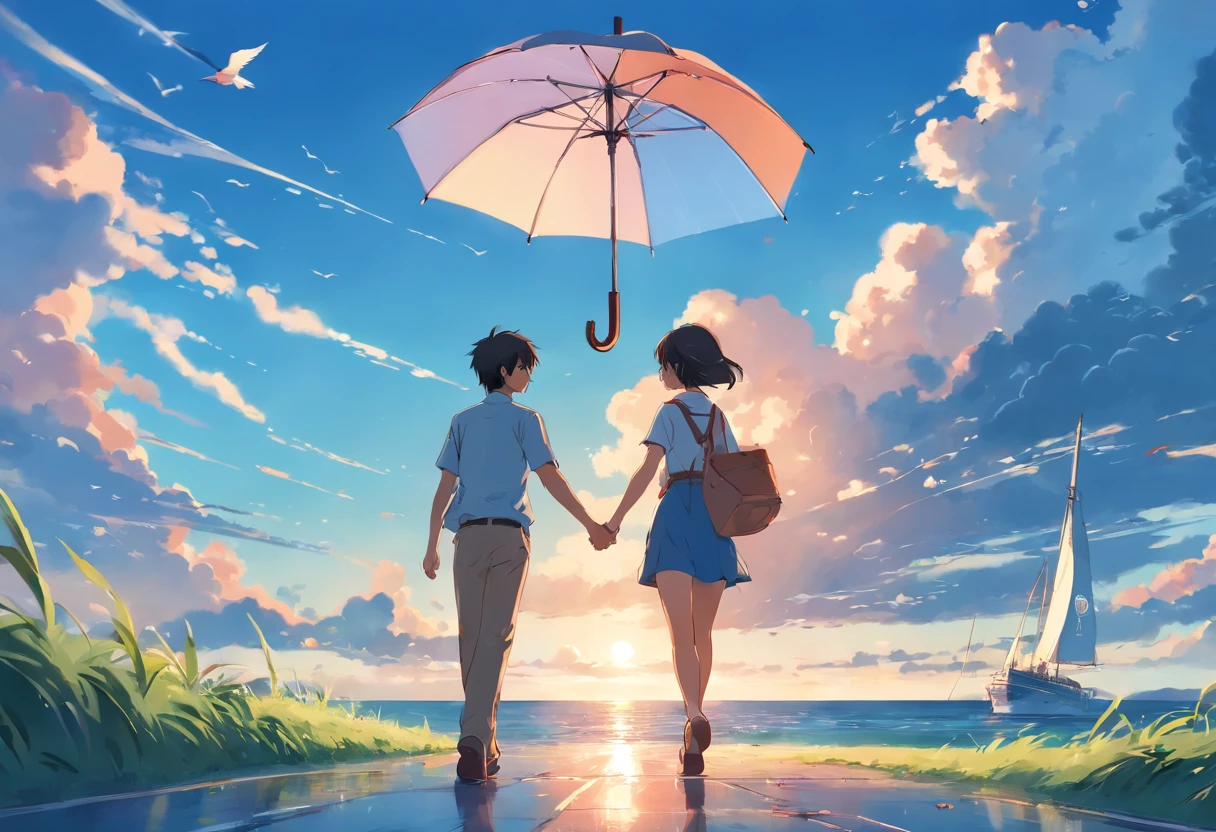 walking, girl, umbrella, clouds, bluesky, large-view, birds, ship, couple, handholding