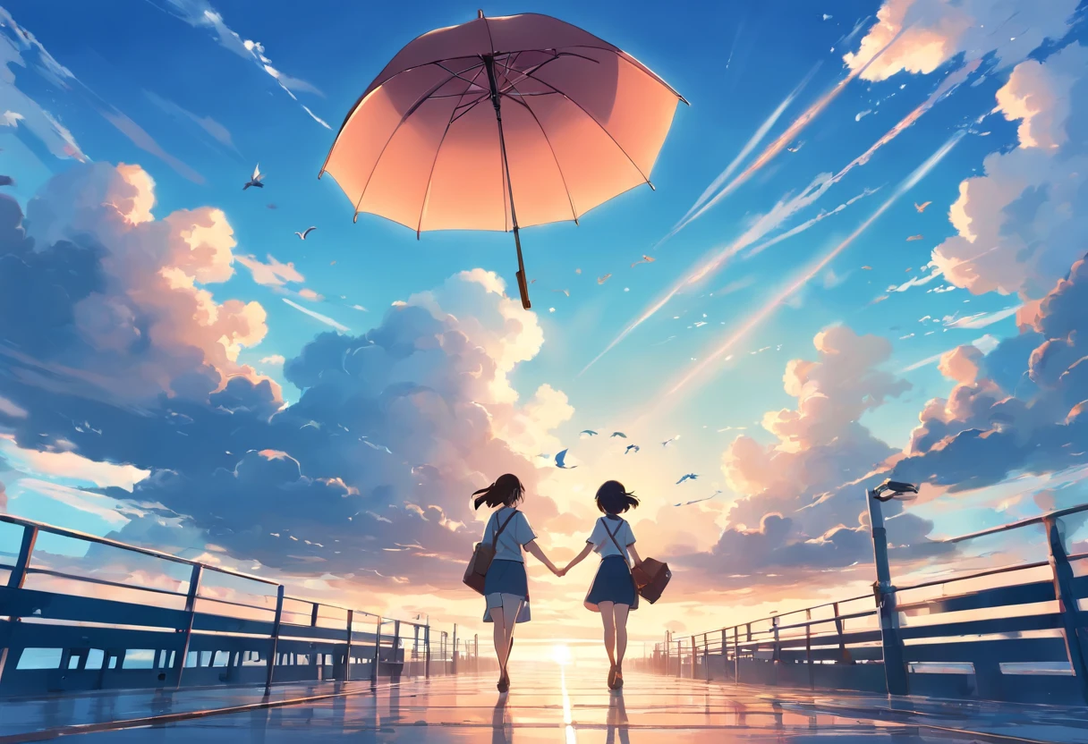 walking, girl, umbrella, clouds, bluesky, large-view, birds, ship, couple, handholding