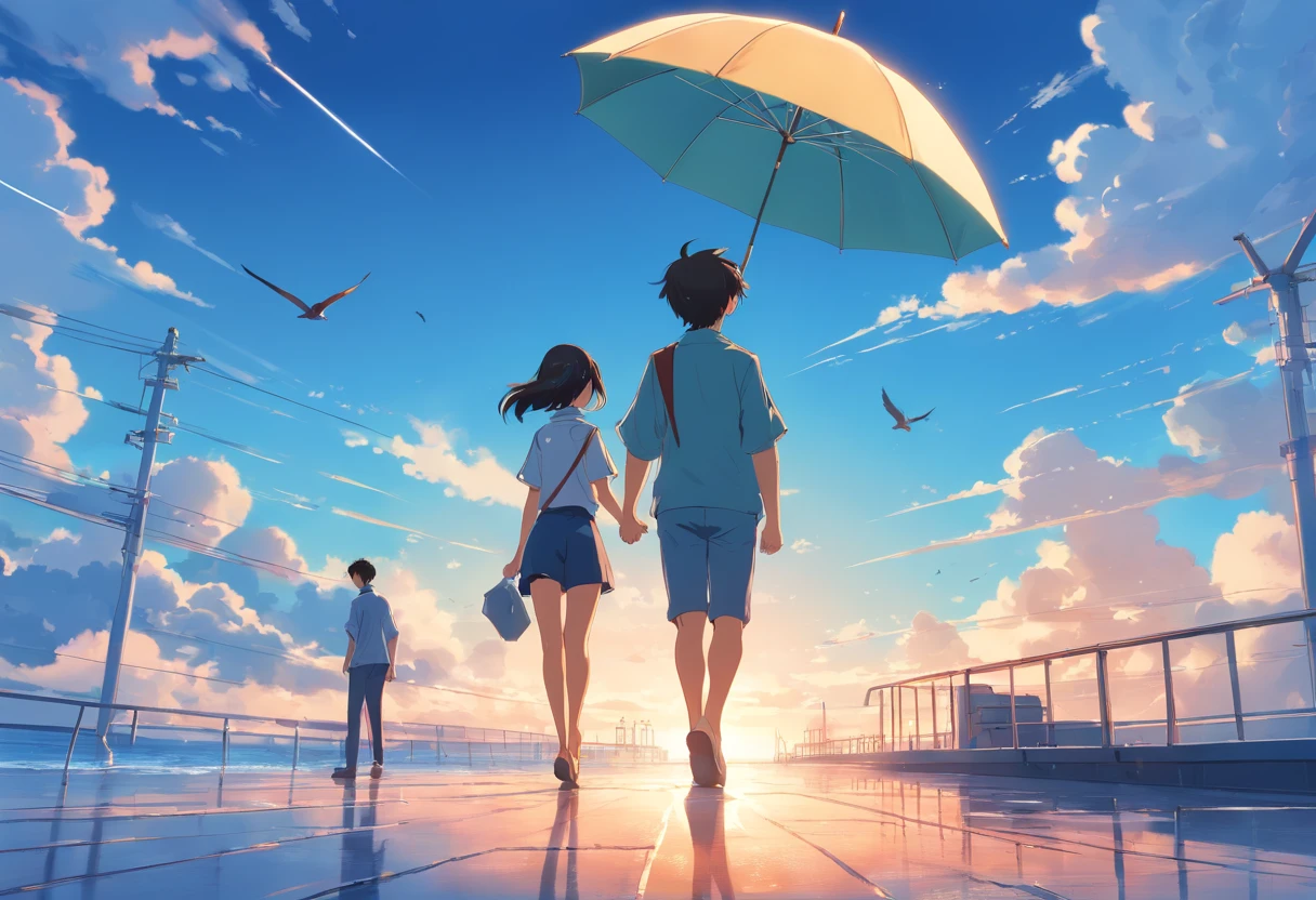 walking, girl, umbrella, clouds, bluesky, large-view, birds, ship, couple, handholding