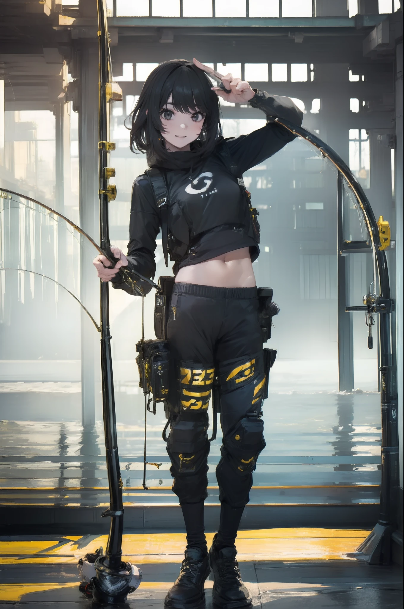 ((((Have a fishing rod with a reel:1.5)))),((Female 28 years old)),((Best Quality:1.5)),(((Fine fingers、Ratio 4 fingers and 1 thumb,detailed arms,detailed human hands))),(((Hands with the correct number and structure of fingers:1.4))),((Lakeside:1.37)),hight resolution,ultra-detailliert,​masterpiece,best qualtiy,(Eight-headed body),(1 fishing rod,Holding a fishing rod in your hand,Fishing lure rod,Fishing Reels,Long Sleeve Outdoor Vest,Long pants for fishing,Big backpack),thin and long legs,Beautiful hip line,Beautiful spine,constricted back,Toned waist,beutiful breast),,Gentle smile,shiny lip,(1 fishing rod,Straight stretch fishing rod,Long fishing rod,Woman fishing with fishing rod in hand),Black hair, long eyeslashes, Solid Circle Eyes, drop shadow, Atmospheric perspective,Super Detail, ccurate, small brest,top-quality, blurry backround, bokeh dof:1.2, (​masterpiece:1.3), Atmospheric perspective,Super Detail,dynamic compositions, Ultra High Quality,