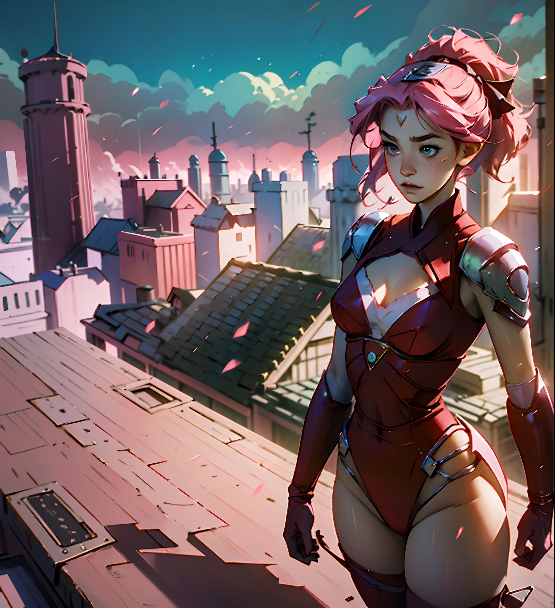 Sakura is a superheroine, with red clothes and red bow on her head, her hair is pink, her body is full of curves and her figure is delicate, she is on top of a building, watching over the city,