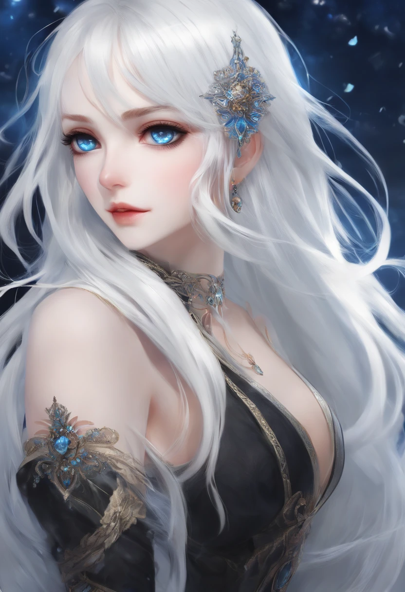 ((1girl)), anime, long half black hair and half white hair, bright blue eyes, pale skin