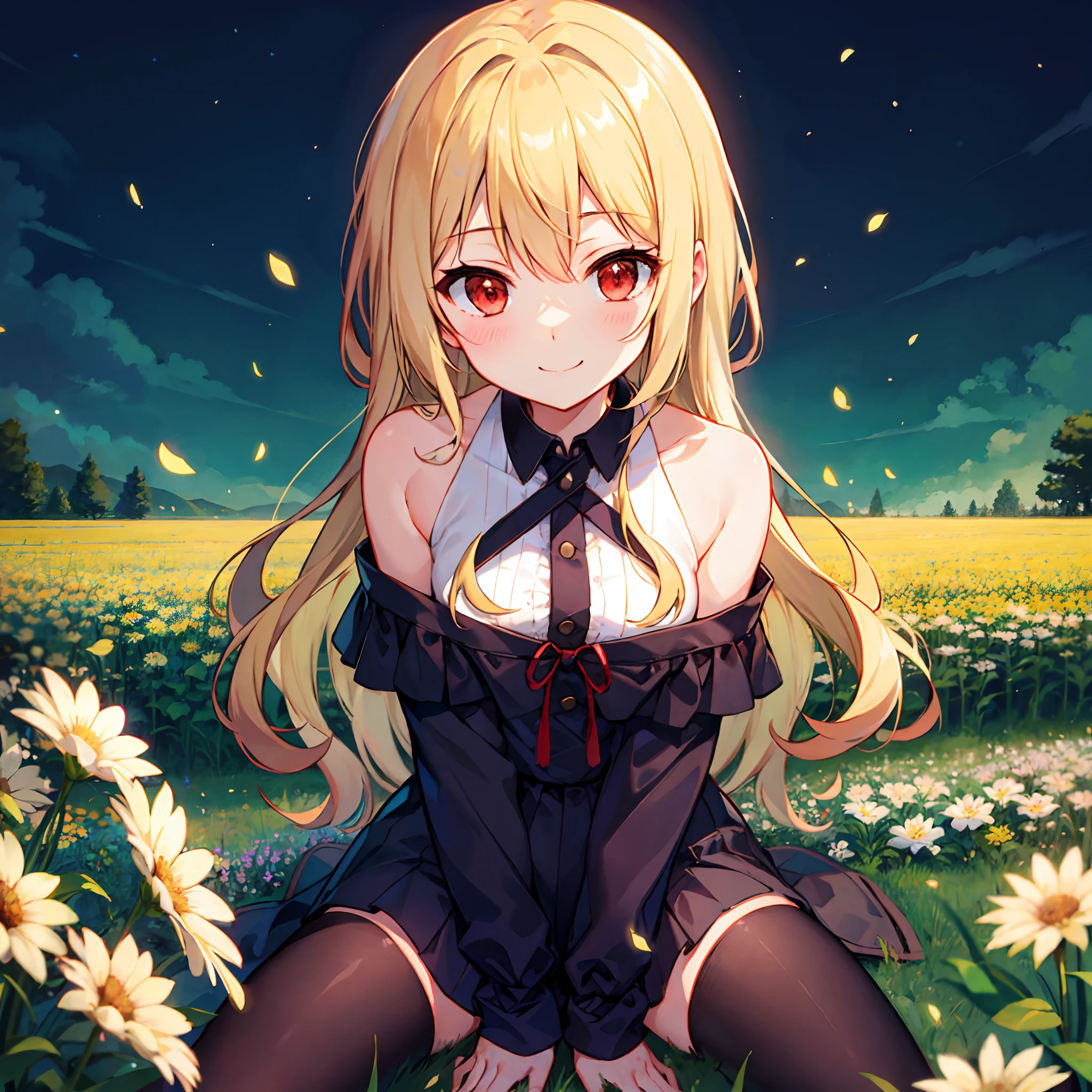 Wavy blonde、red eyes、Beautiful girl alone、off shoulders、a miniskirt、Black tights、flower field、sitting on、A smile