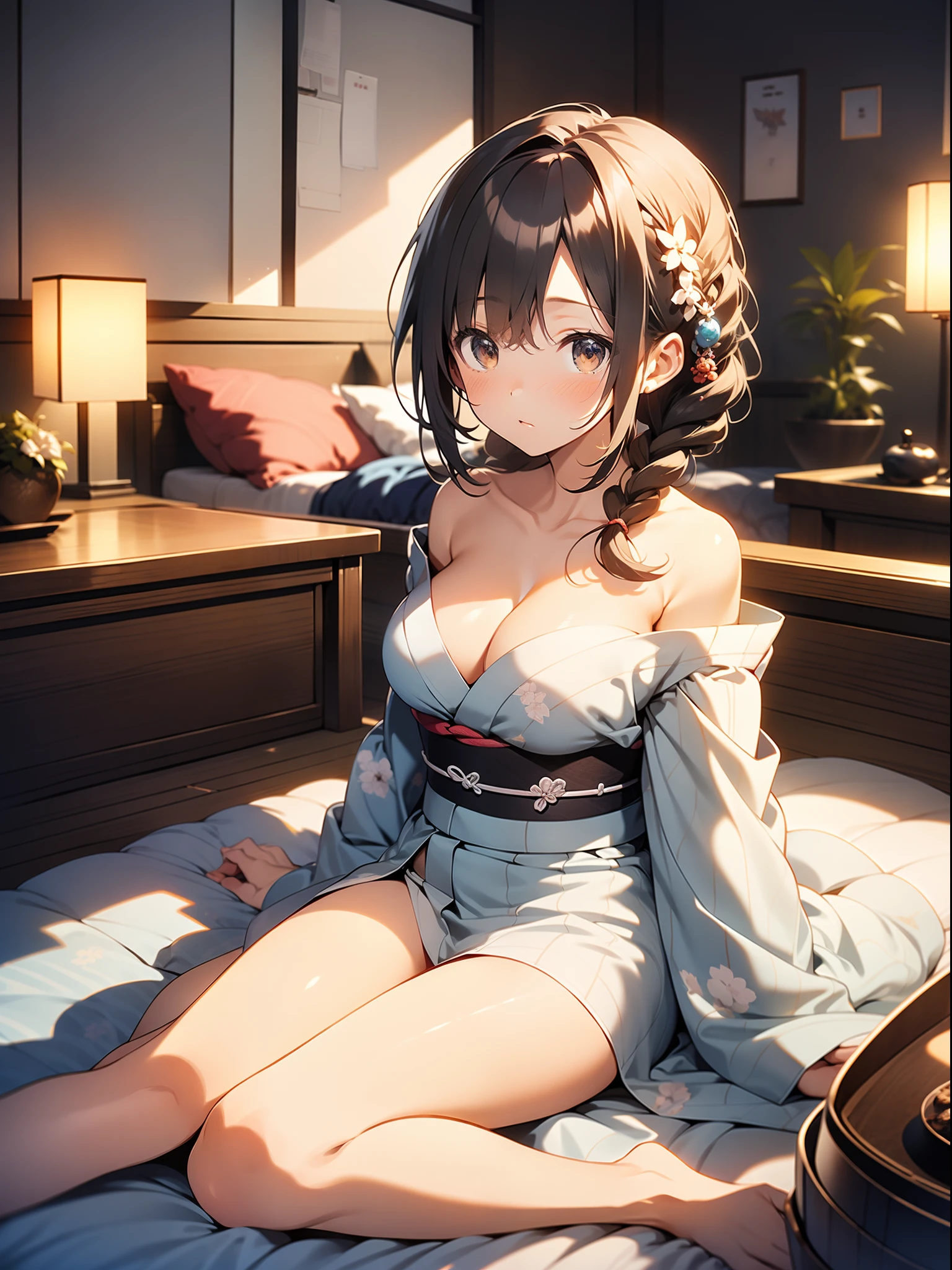 in 8K、top-quality、masterpiece、ultra-detailliert、Ultra-high resolution、Anime style、traditional Japanese room、natta、Dark room without windows、A dark-haired、Braided hair、Light-colored yukata、On the futon、cleavage of the breast、bare shoulders、sleep on one's back