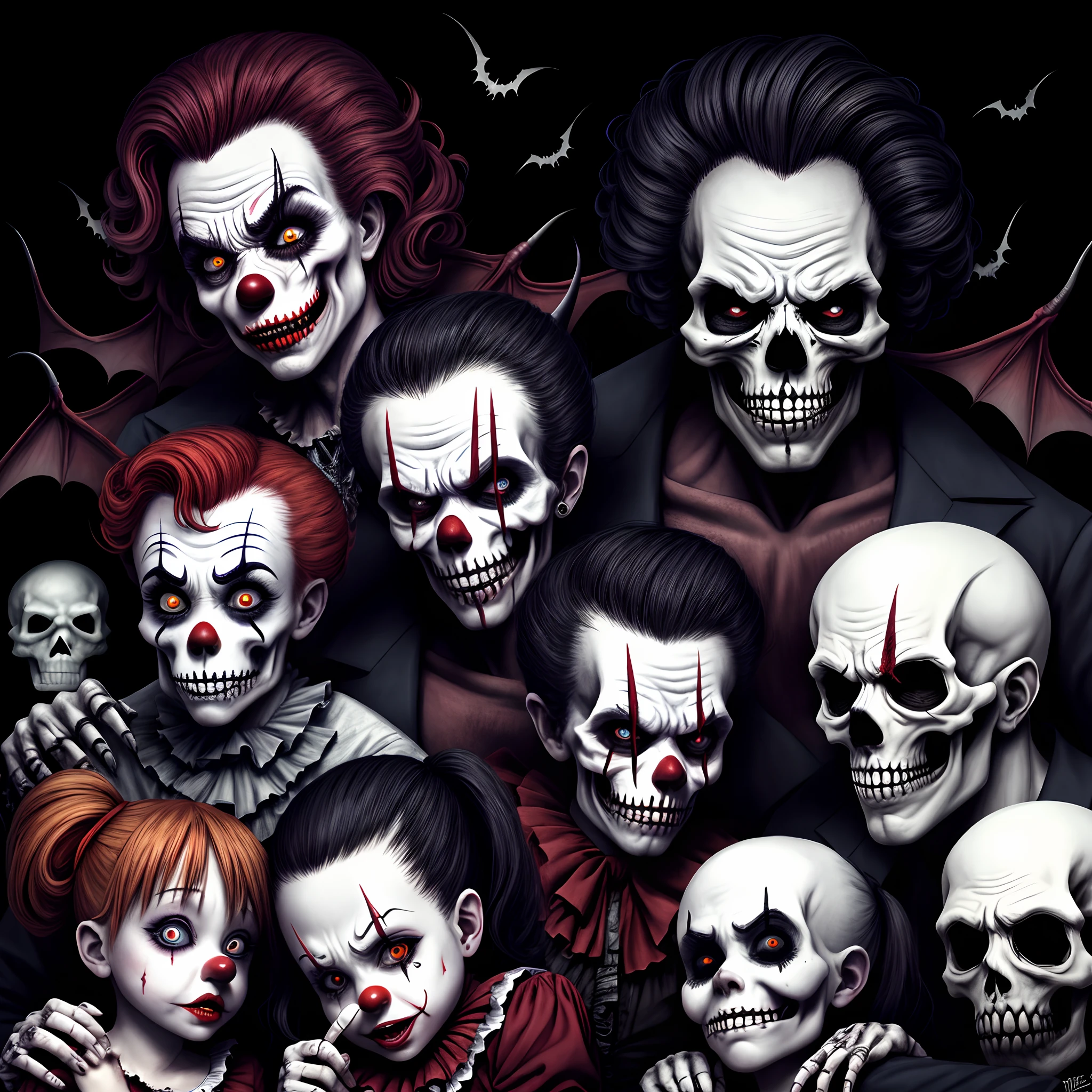Nightmare with evil clowns, evil midgets, bats, skeletons