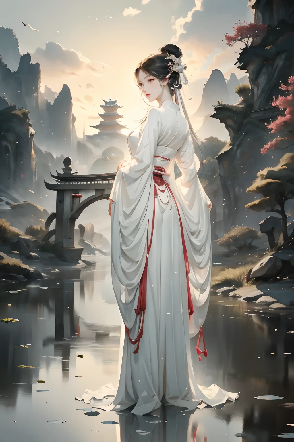 watercolour，（：A woman standing on a bridge....：13），barefoot，hanfu，Chinese-style clothes，Arch Bridge，..，beautiful anime scene，Reflections on the water surface，magpie，Black and white evening dress，delicate，Max Kwali，（master-piece：1,2），Best qualtiy，master-piece，original，verydetailedwallpaper，perfect lighting，（Very Detailed CG:1.2）Very remote images Clear the details of the face, turn around, and not see the face.