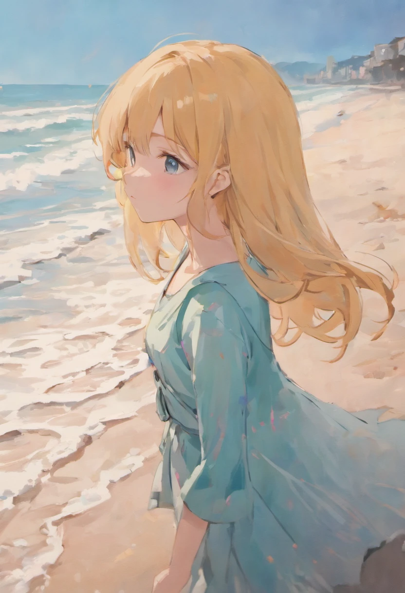 The girl looked at the beach hesitantly,sideface,Blue,Beautiful,perfectly proportions