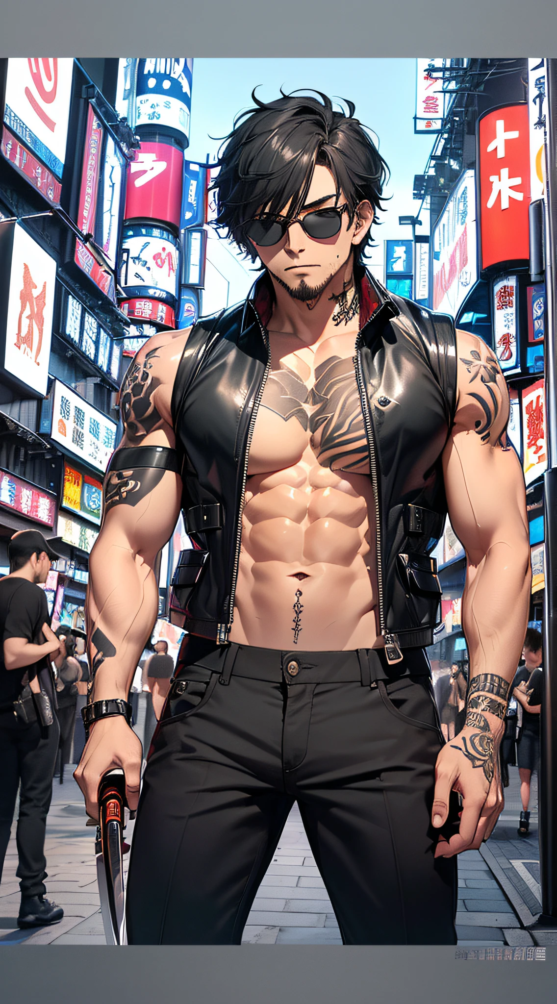 top-quality、Top image quality、masterpiece、male people((25-years old、 well-muscled、Black short-sleeved T-shirt、Long black trousers、A dark-haired、Scars on the face、macho、Tattoo on the shoulder、Black sunglasses、2From guns、bulletproof vest、Holding a Japan sword))hiquality、Beautiful Art、Background with((Shinjuku、Kabukicho、Mass yakuza))、masutepiece、Elaborate design、visualart