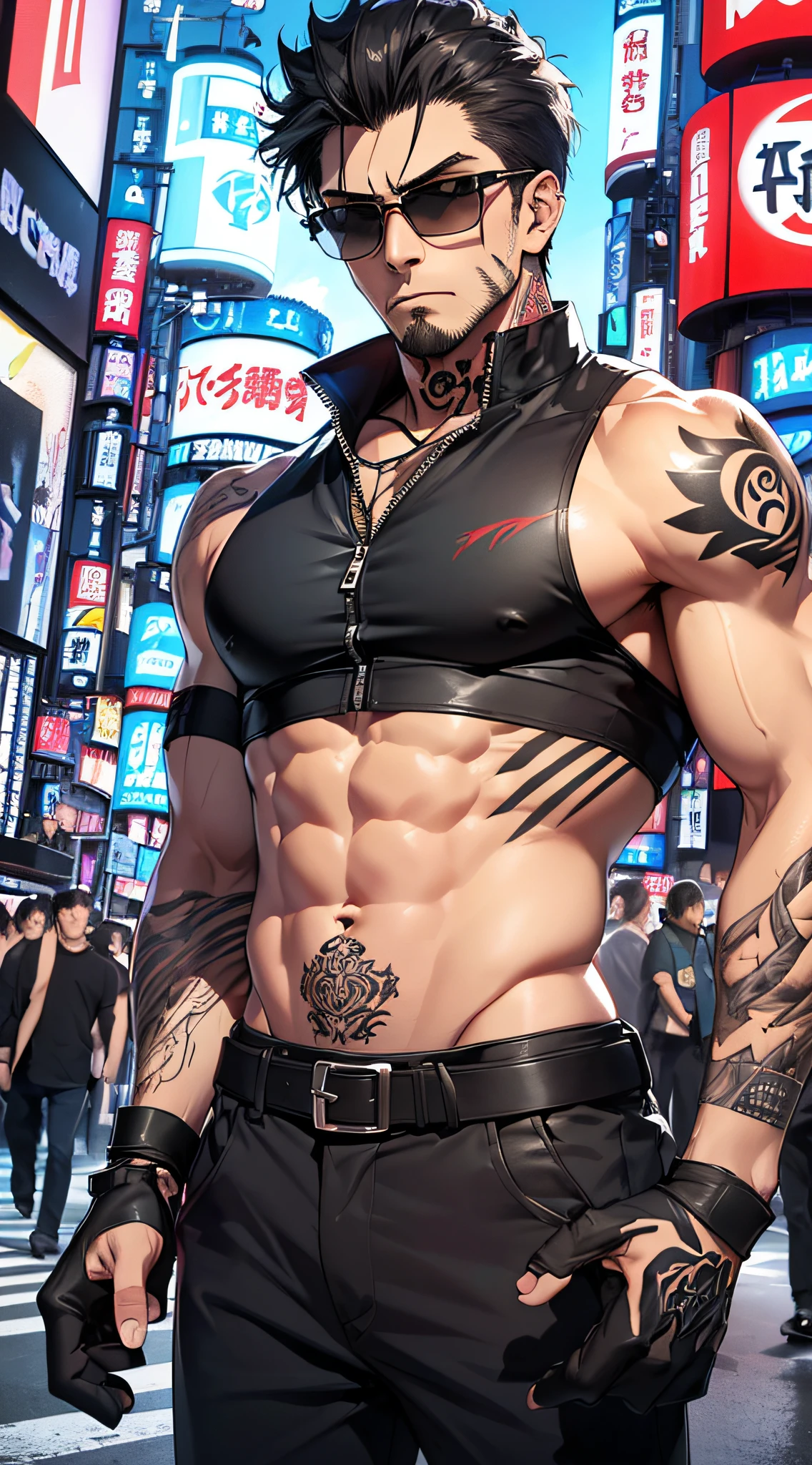 top-quality、Top image quality、​masterpiece、male people((25-years old、 well-muscled、Black short-sleeved T-shirt、Long black trousers、A dark-haired、Scars on the face、macho、Tattoo on the shoulder、Black sunglasses、２From guns、bulletproof vest、Holding a Japan sword)）hiquality、Beautiful Art、Background with((Shinjuku、Kabukicho、Mass yakuza))、masutepiece、Elaborate design、visualart