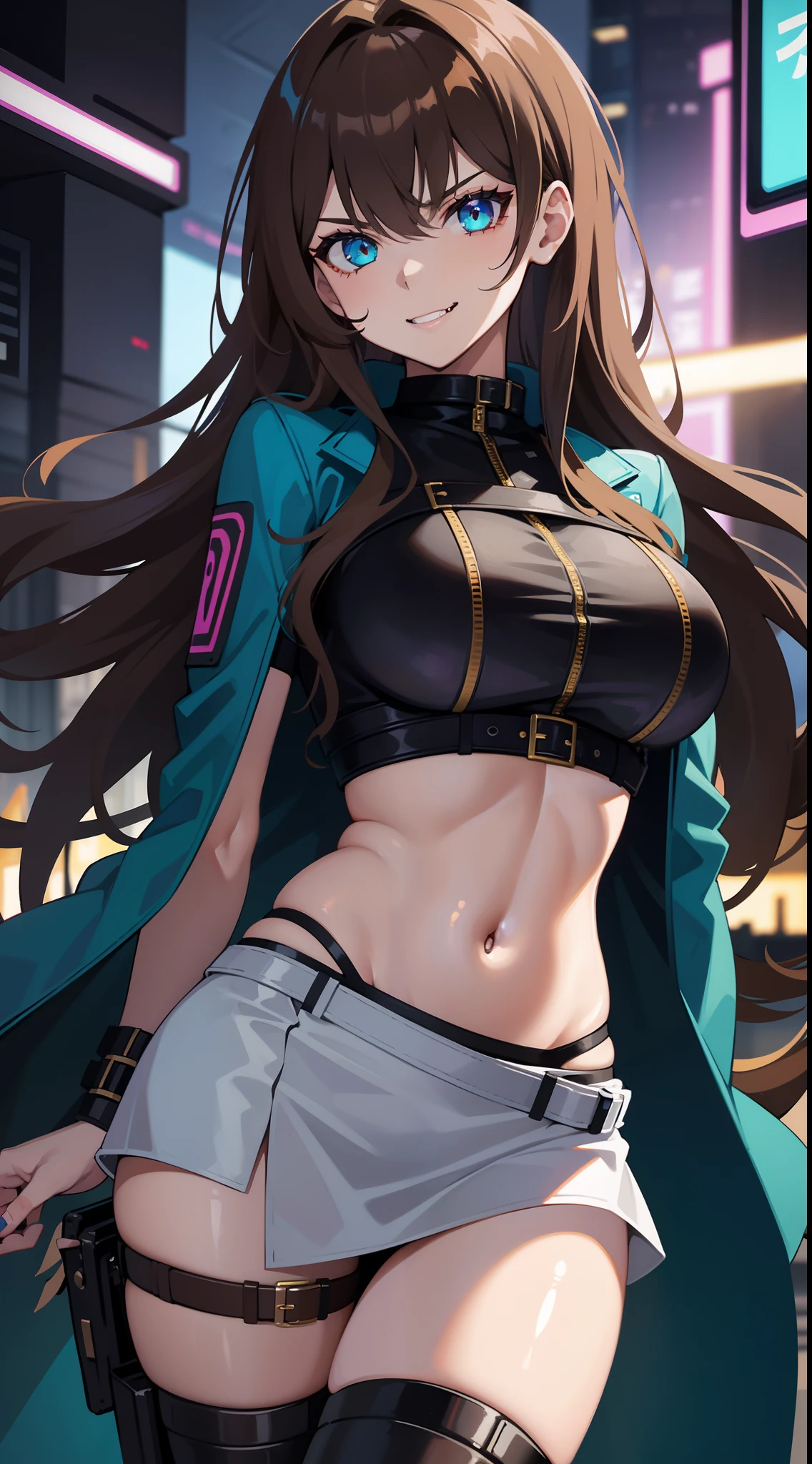 A  girl, Long brown hair, Heteroromy, left violet eye, Right Golden Eye, Turquoise cyberpunk top, leather jacket, Upskirt, open belly, open breasts, large breasts, smirk, tooth, fangs, claws, hiquality, 4k, HD, Good detail