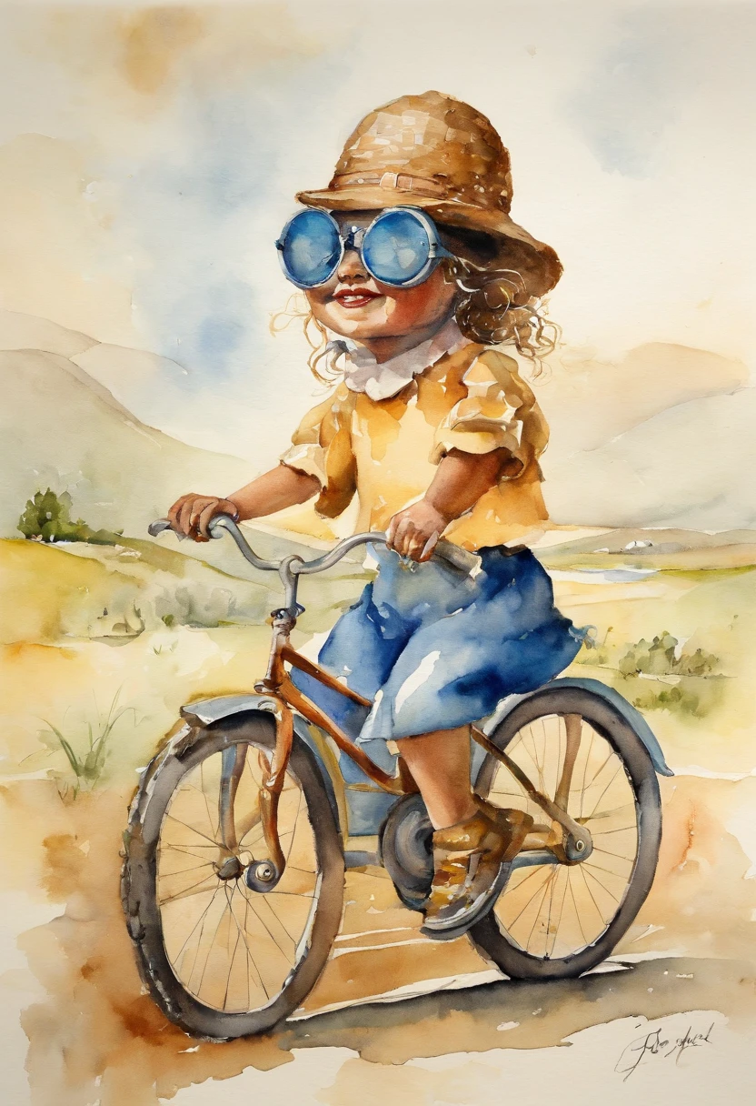 A wide-eyed child beaming with pride as they ride their bike for the first time, surrounded by a park scene.