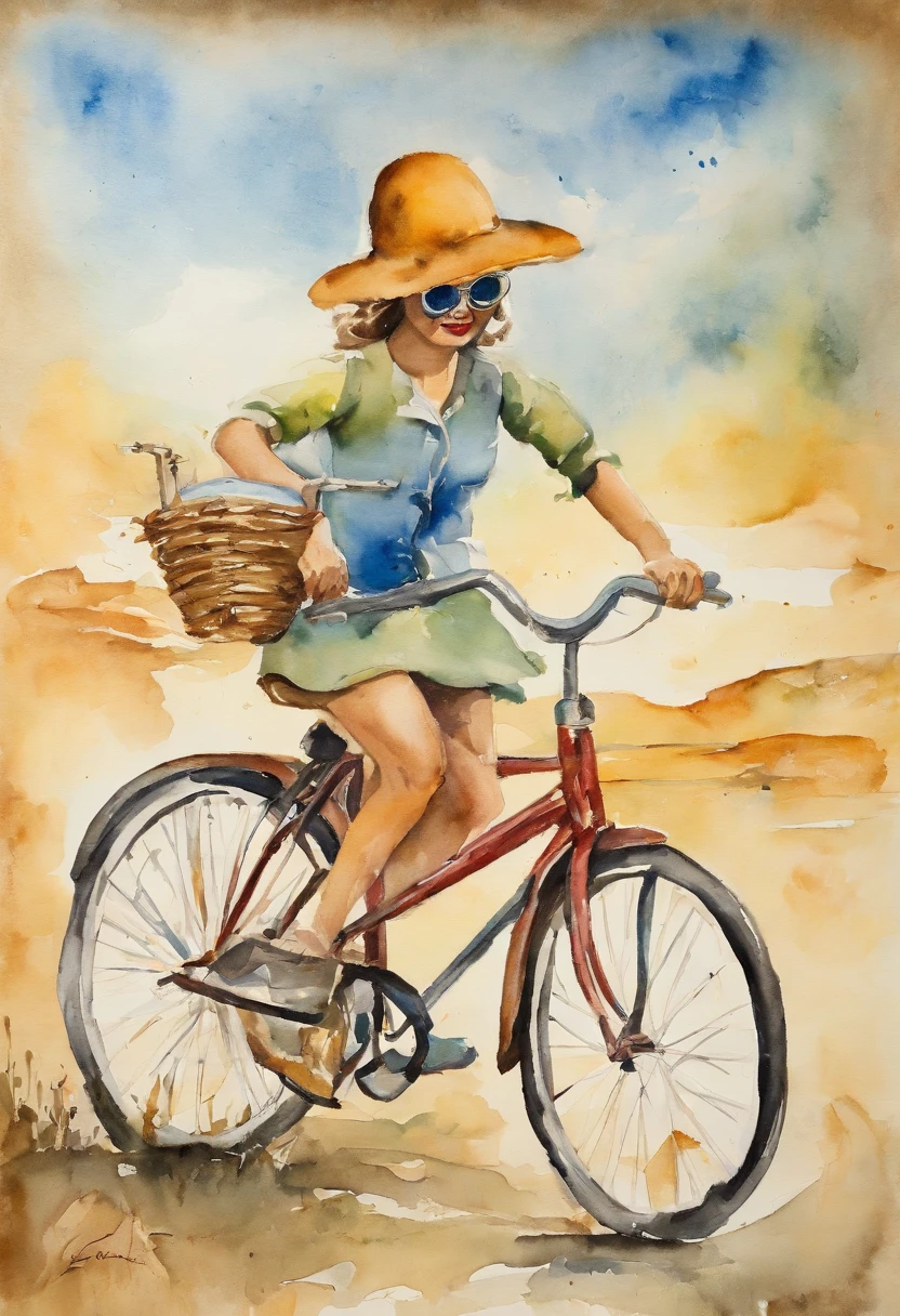 Salvadore Dali girl riding a bike wearing a hat and goggles