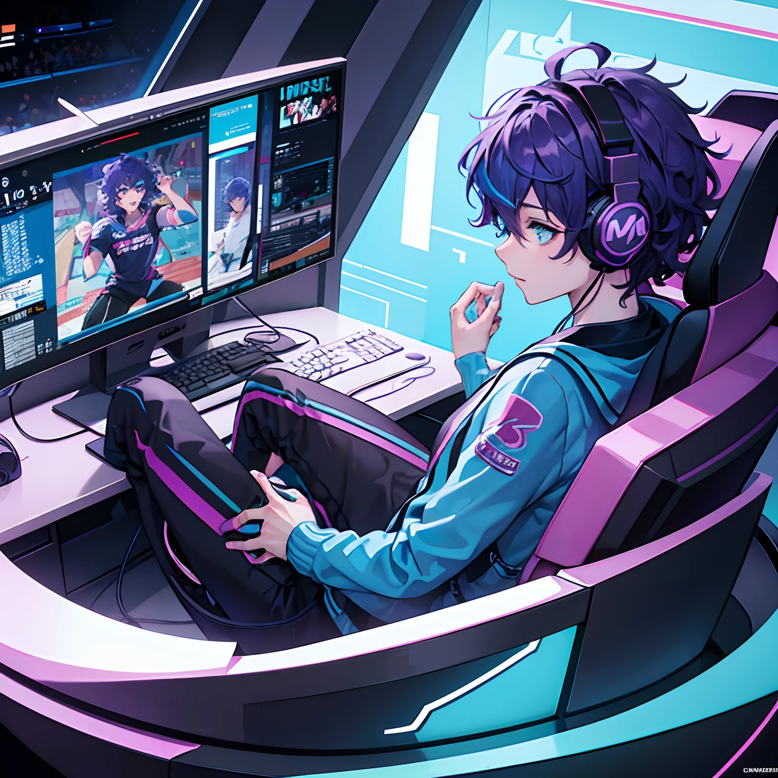 Two-dimensional esports boy with purple curly hair and cyan eyes wearing headphones