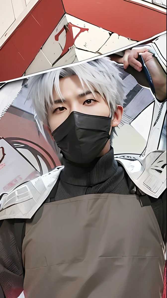 Real life adaption of this character,his name is Kakashi hatake from anime Naruto,Korean handsome face, ((realistic same outfit)), (realistic same hat) ,realistic same hair, hyper realistic, realistic background, realistic light, realistic shadow, realism,(photorealistic:1.2),