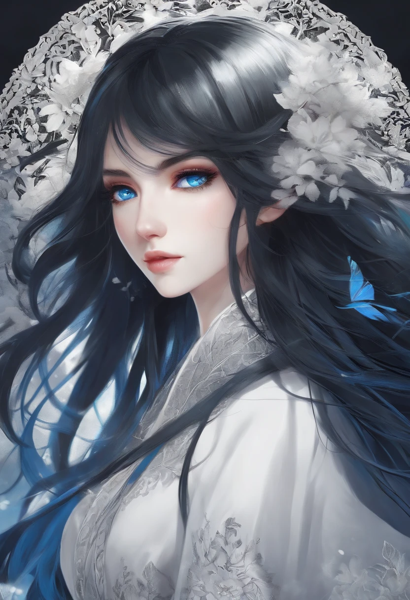 ((1girl)), anime, long split black and white hair, bright blue eyes, pale skin