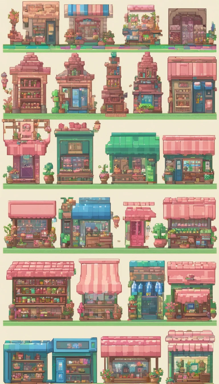 Pixel art of a fantasy street, filled with cute shops such as a flower shop, bakery, and more. Use a single pallette. Each shop is short adorned with light colors. street is filled with adorable fantasy creatures, like pixies, unicorns, and talking animals, strolling around — Created with Pixlr or Aseprite software, using a light green/pink/blue color palette —c 10