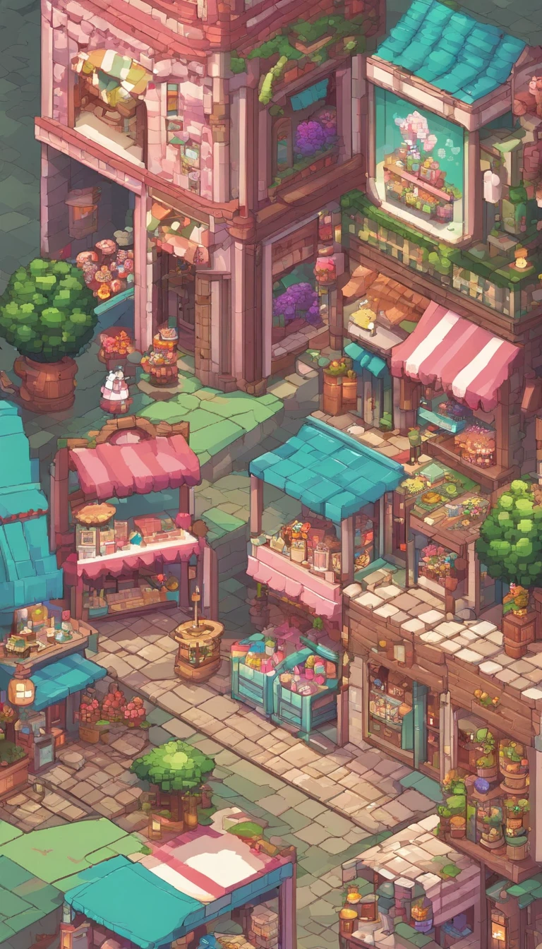 Pixel art of a fantasy street, filled with cute shops such as a flower shop, bakery, and more. Use a single pallette. Each shop is short adorned with light colors.   street is filled with adorable fantasy creatures, like pixies, unicorns, and talking animals, strolling around — Created with Pixlr or Aseprite software, using a light green/pink/blue color palette —c 10