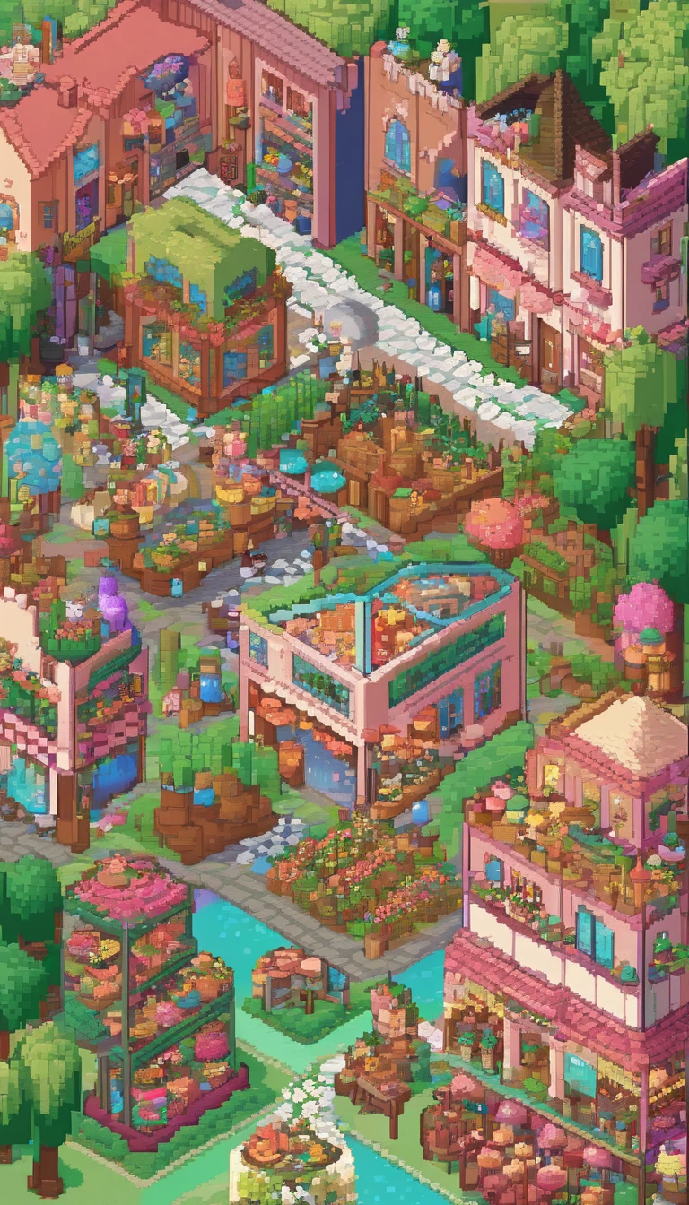 Pixel art of a fantasy street, filled with cute shops such as a flower shop, bakery, and more. Use a single pallette. Each shop is short adorned with light colors.   street is filled with adorable fantasy creatures, like pixies, unicorns, and talking animals, strolling around — Created with Pixlr or Aseprite software, using a light green/pink/blue color palette —c 10