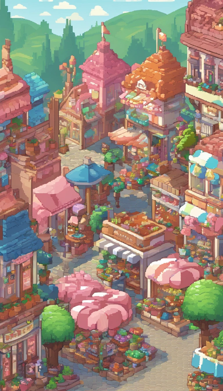 Pixel art of a fantasy street, filled with cute shops such as a flower shop, bakery, and more. Use a single pallette. Each shop is short adorned with light colors. street is filled with adorable fantasy creatures, like pixies, unicorns, and talking animals, strolling around — Created with Pixlr or Aseprite software, using a light green/pink/blue color palette —c 10