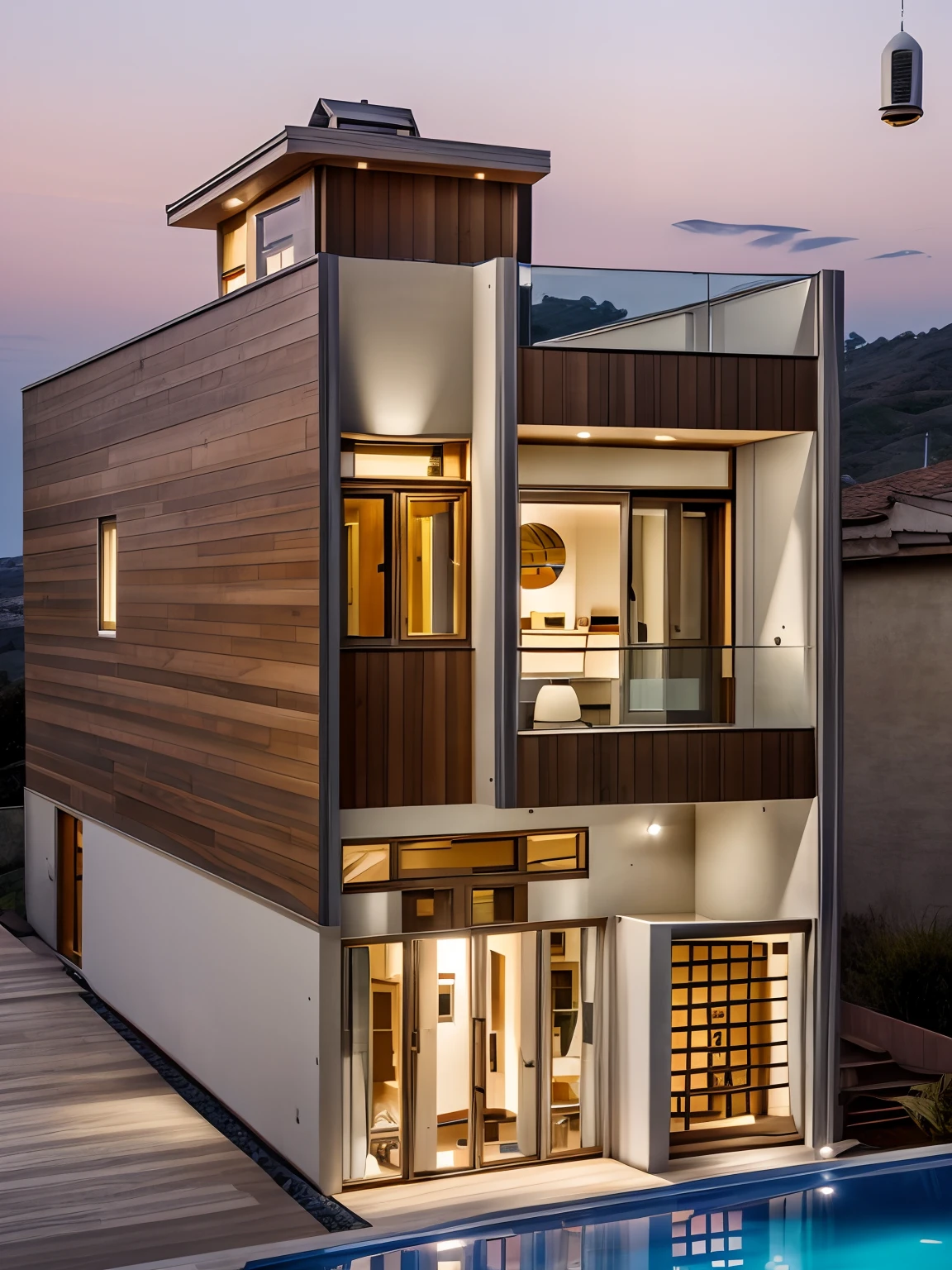 Hyper realistic eye level exterior photo of a mid century modemn style house overlooking the valley. daylight, indirect lighting House, wood, Chile, Sunset,