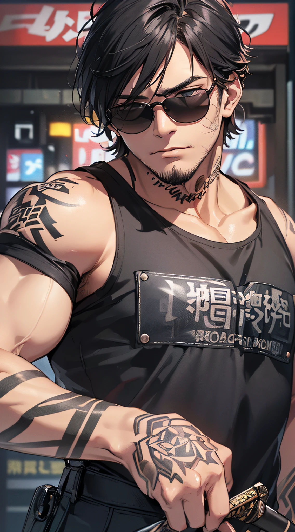 top-quality、Top image quality、masterpiece、male people((25-years old、 well-muscled、Black short-sleeved T-shirt、Long black trousers、A dark-haired、Scars on the face、macho、Tattoo on the shoulder、Black sunglasses、2From guns、bulletproof vest、Holding a Japan sword))hiquality、Beautiful Art、Background with((Shinjuku、Kabukicho、Mass yakuza))、masutepiece、Elaborate design、visualart