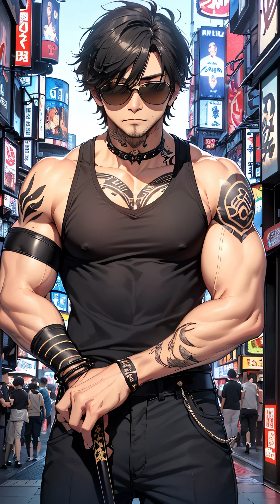 top-quality、Top image quality、masterpiece、male people((25-years old、 well-muscled、Black short-sleeved T-shirt、Long black trousers、A dark-haired、Scars on the face、macho、Tattoo on the shoulder、Black sunglasses、2From guns、bulletproof vest、Holding a Japan sword、Bubblegum))hiquality、Beautiful Art、Background with((Shinjuku、Kabukicho、Masyakuza))、masutepiece、Elaborate design、visualart