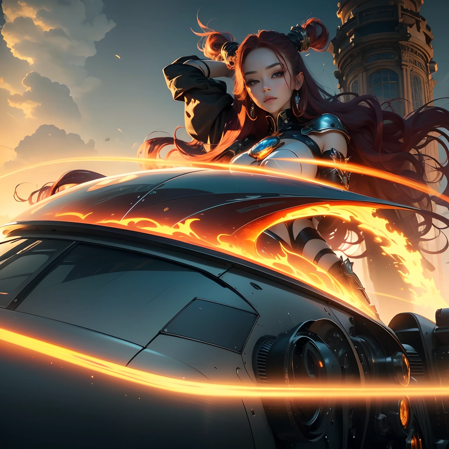 HD 8K quality ，A sexy beauty， Whitening skin，Beautiful and moving big eyes，wearing a stylish and edgy outfit，Strike seductive poses，red tinted hair，long whitr hair，Large curls，Background: the setting sun，Burning clouds，air castle，mirage。