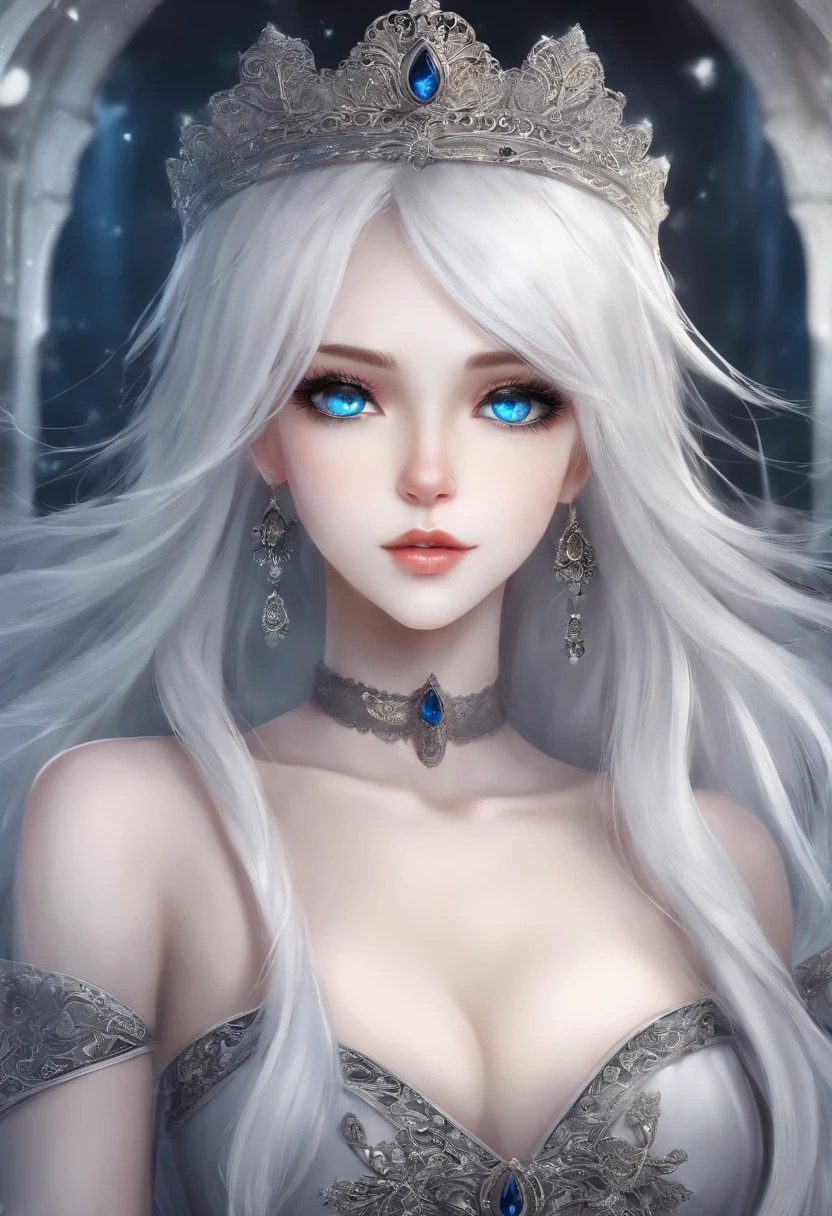 ((1girl)), anime, long half black and white hair, bright blue eyes, pale skin