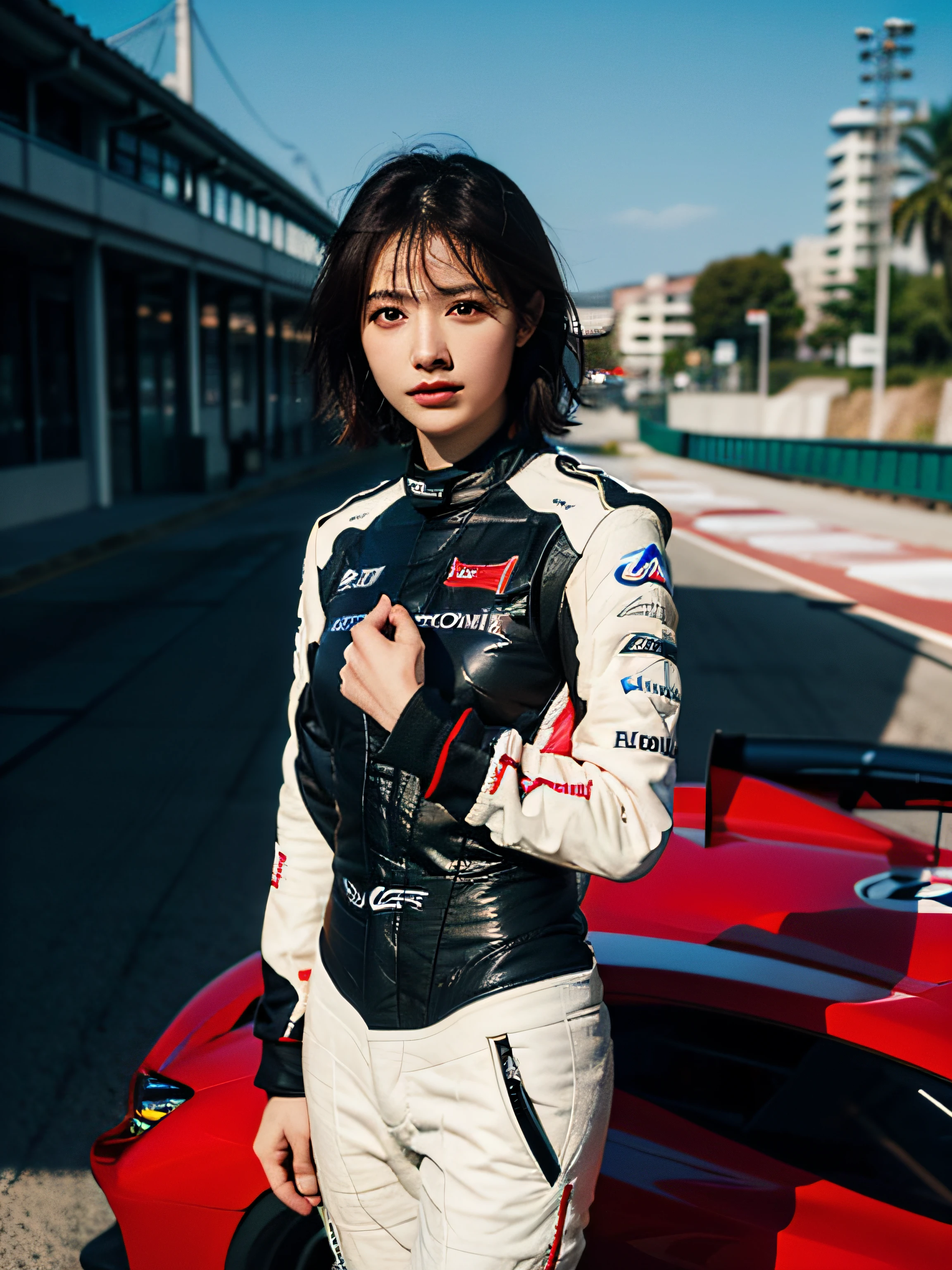 1 woman、saw, (nffsw), Curve, Attractive, Short hair, Beautiful detailed eyes, Absurd, hight resolution, ultra-detailliert, (Highest image quality), (master work), (Detailed description of the eyes), (8K Wallpaper), (Detailed description of face), depth of fields, (lens reflection), Standing, Lexus IS350 GT300 Base Model '08 Horizontal, Black Race Car, (F1_Racing_Suit), Realistic, stunning visuals,  Automotive Stickers, Beach Circuit, A clear day