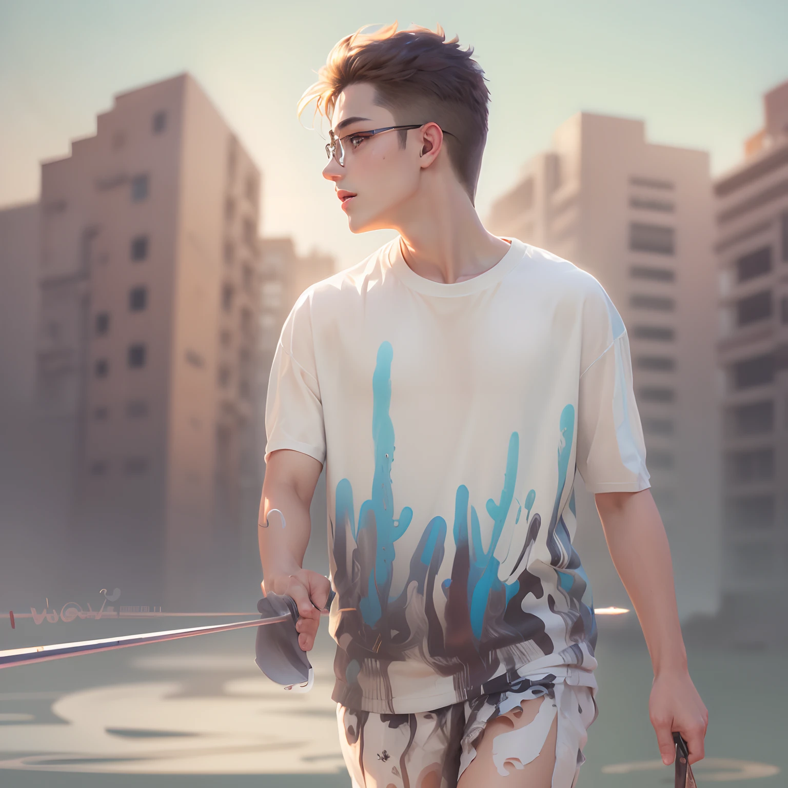 (Masterpiece), (Best quality), (Ultra detailed),(Messy hair),(illustration), (1boys,1girll), Avatar, Macro lens, (Fashionable clothing), standing,Fashion model, view the viewer, ( interview), (Simple background), Beautiful detailed eyes, Exquisite beauty, Floating, (High saturation), (colorful splashs), colorful bubble, (Shining), focus onface,