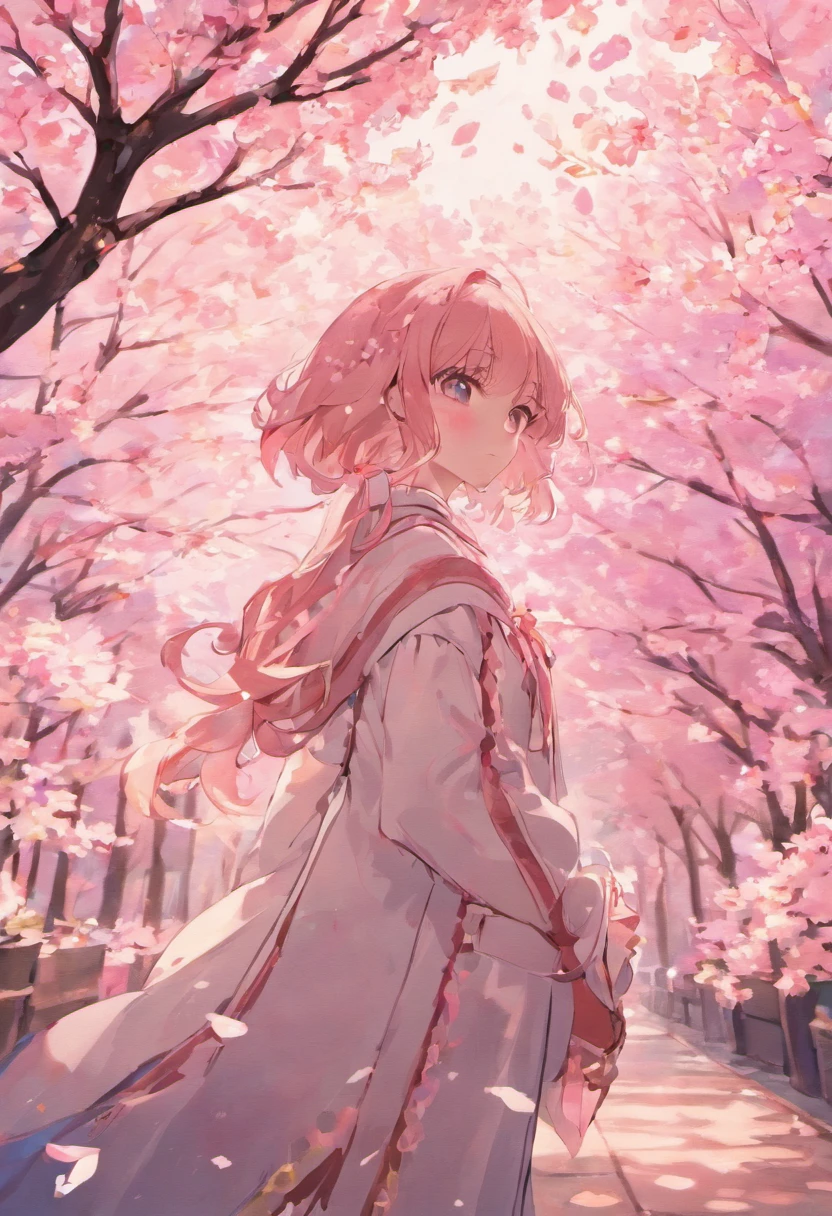 Cherry blossoms fall in the background,The girl's melancholy face,The hair color is white,A full face,The clothes are talking blue,The subject of the painting is a mysterious girl with cherry blossoms falling。,perfectly proportions,Beautiful body proportions,Velvet clothes