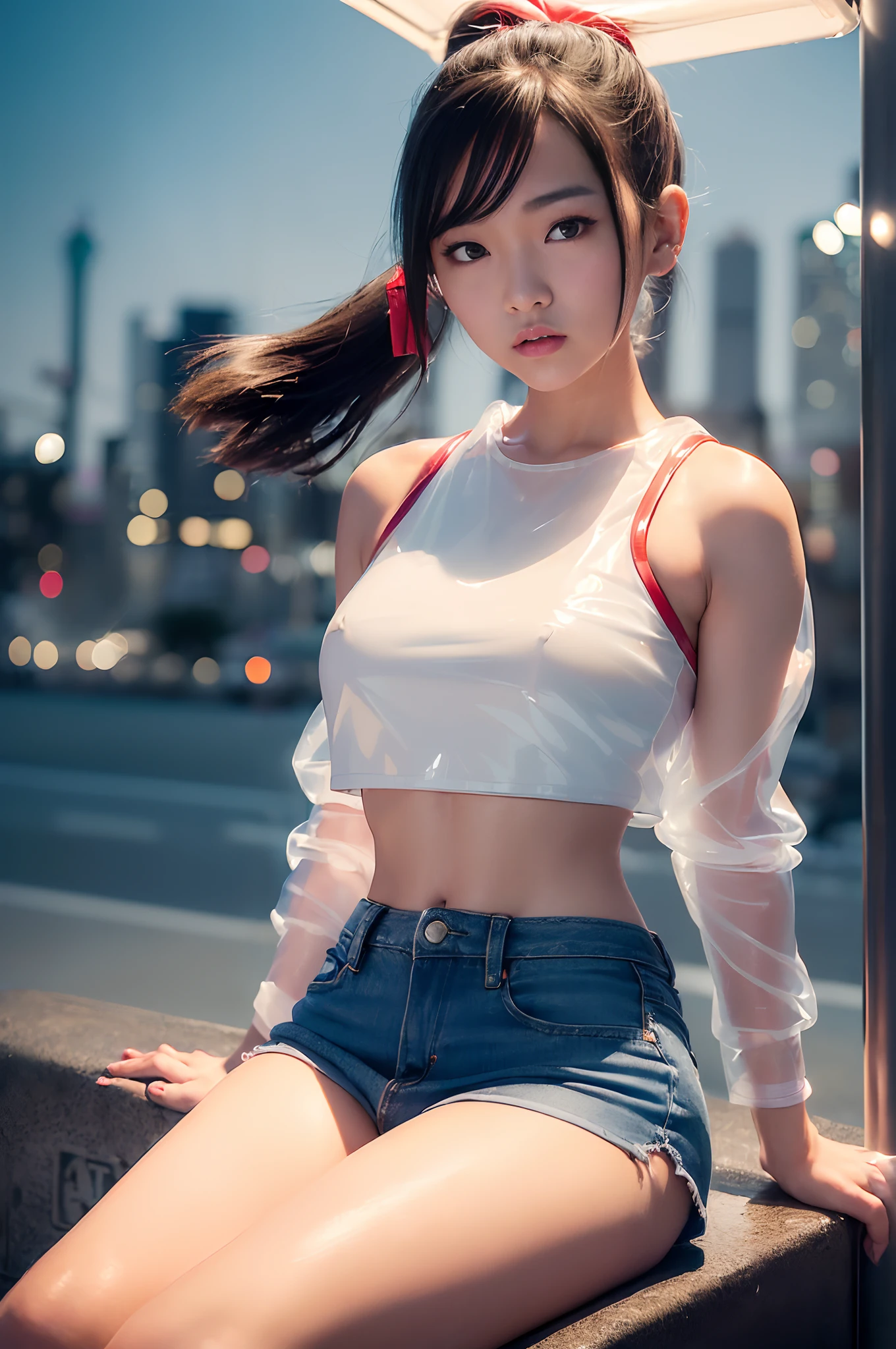 ((1girl)), masterpiece, hyper realistic, age asian girl, delicate face, beautiful face, perfect body, slender, (sitting at a bus stop), ((hair in ponytail)), (((wearing tight white translucent tube top with red leather mini crop jacket))), ((midriff exposed)), ((short torn denim skirt with lacy black panty hose)), (((night cityscape)))