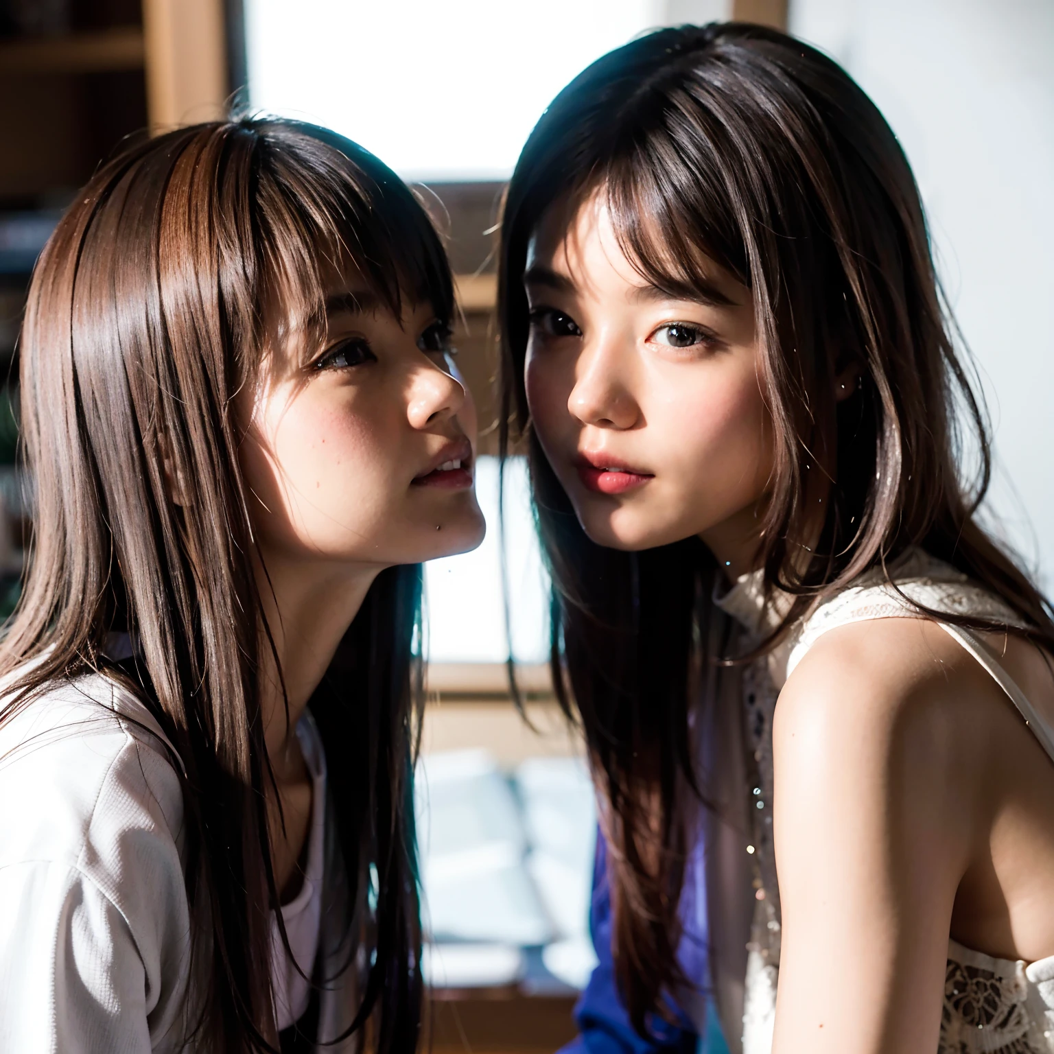 Identical twin sisters、sixteen years old、bangss、Hotel、Shallow depth of field