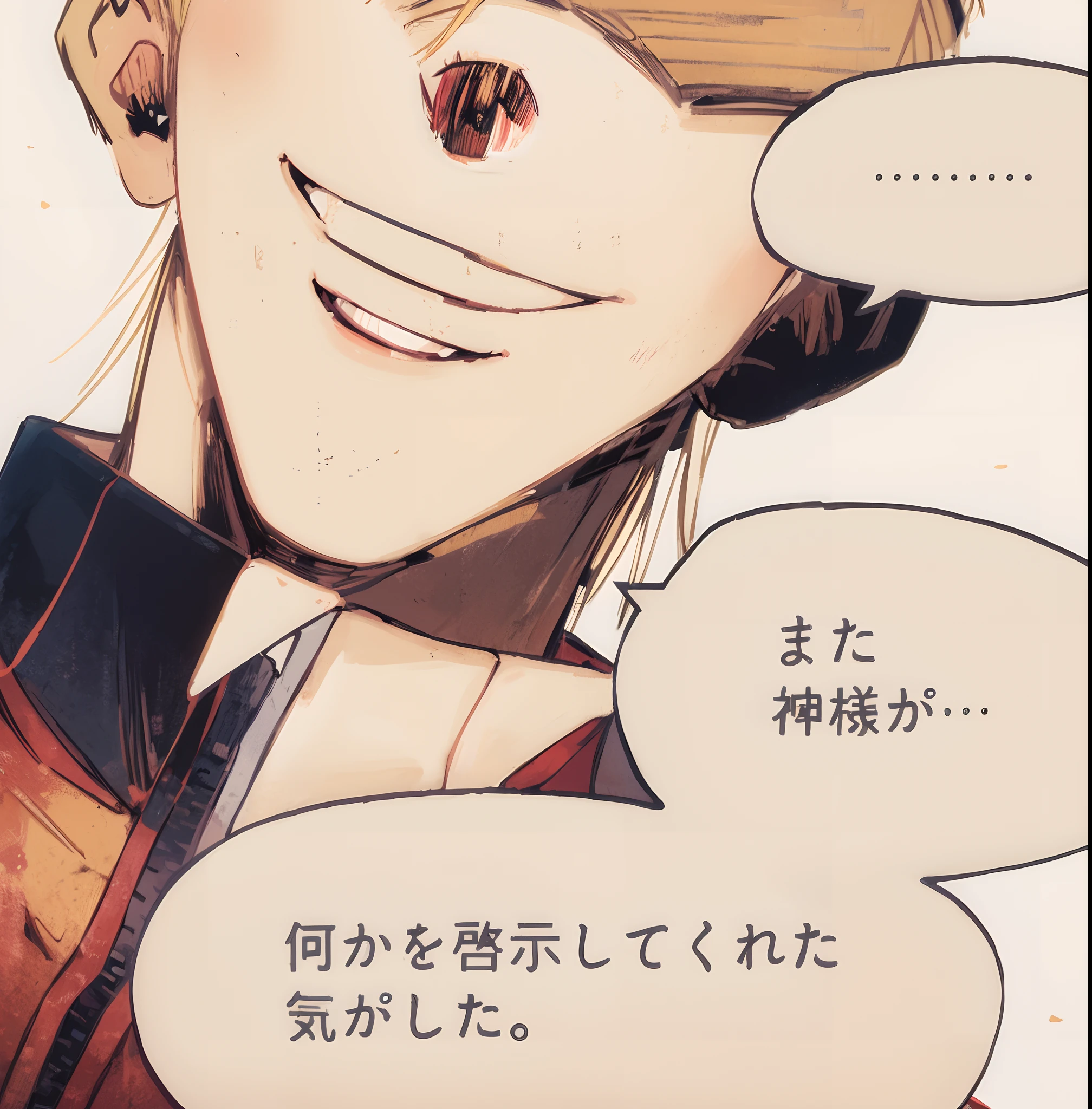 a anime of a boy cartoon, close up no eyes, smile, jacket, blonde hair, manga, text manga, color manga, manga color, color manga, color manga panel, a simple background