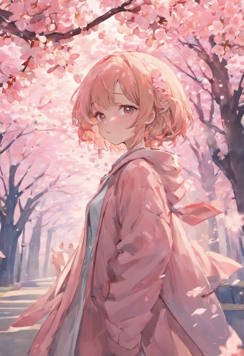 Cherry blossoms fall in the background，The girl's melancholy face，Hair color is white，A full face，The clothes are blue，The subject of the painting is a mysterious girl with falling cherry blossoms。，perfectly proportions，Beautiful body proportions，Velvet clothes