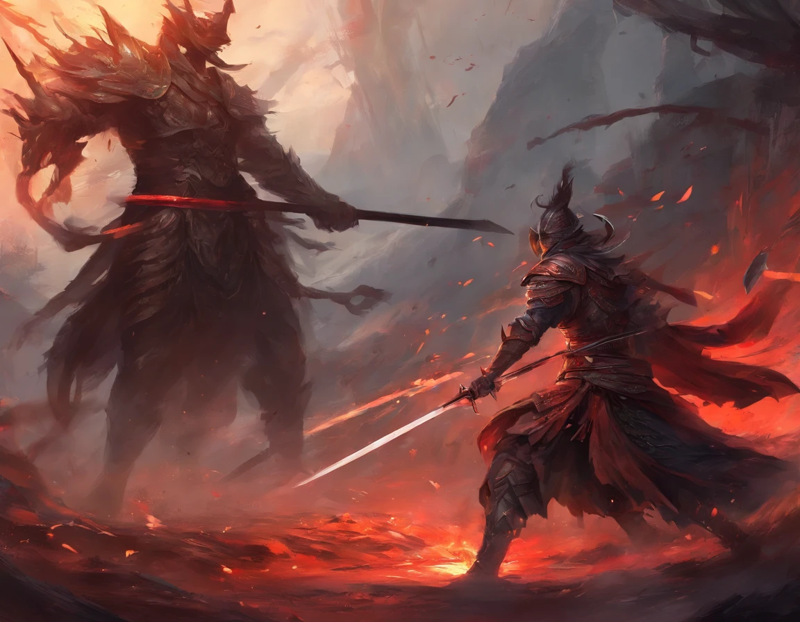 battle, corpse, bloody, rain, samurai, guy, long sword, sword clash, running, arrow shot, light beam, monster, two person, fighting, berserk art style,